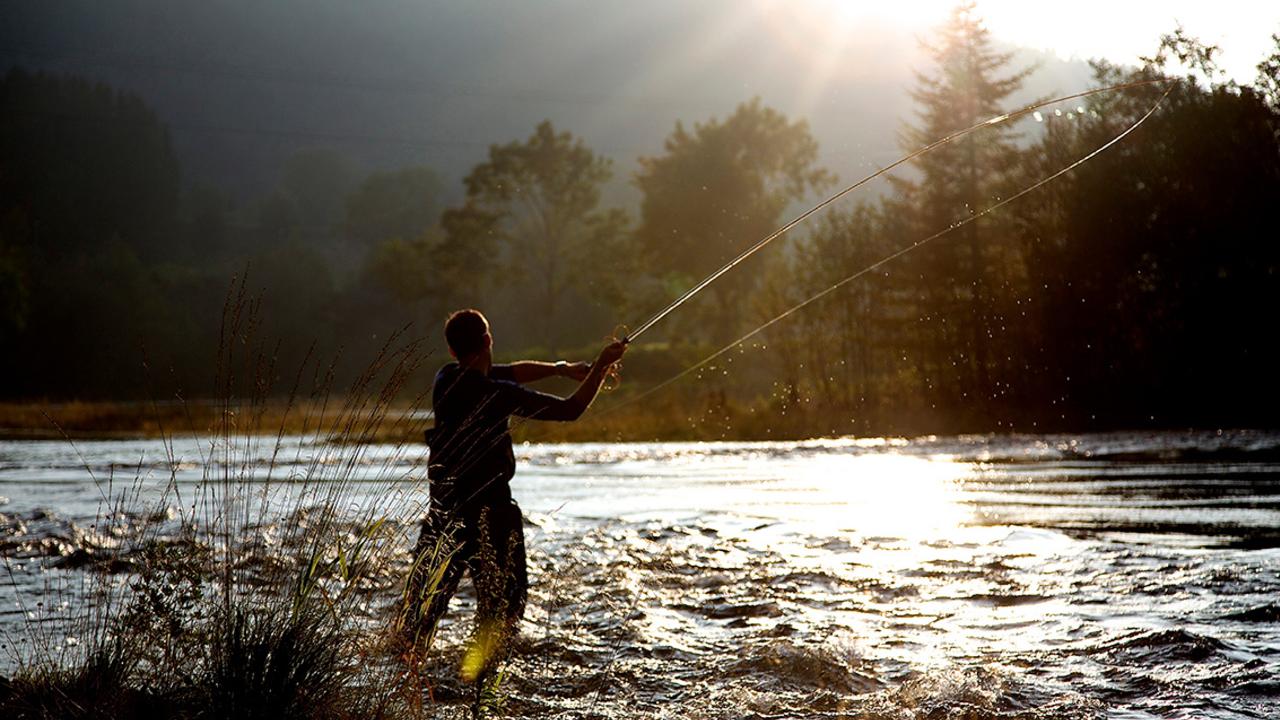 A person salmon fishing in a river.