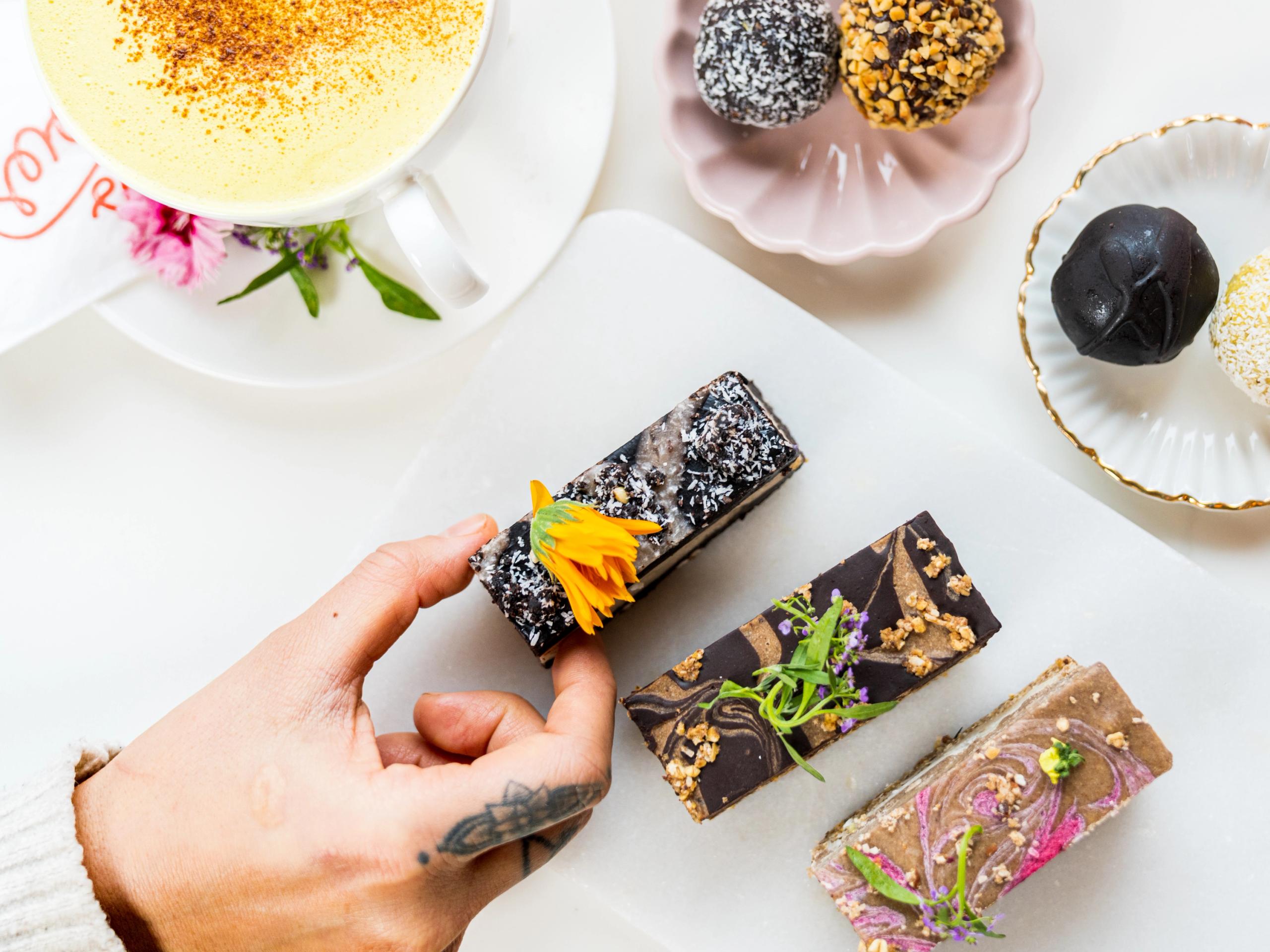 Colorful cakes on a white table