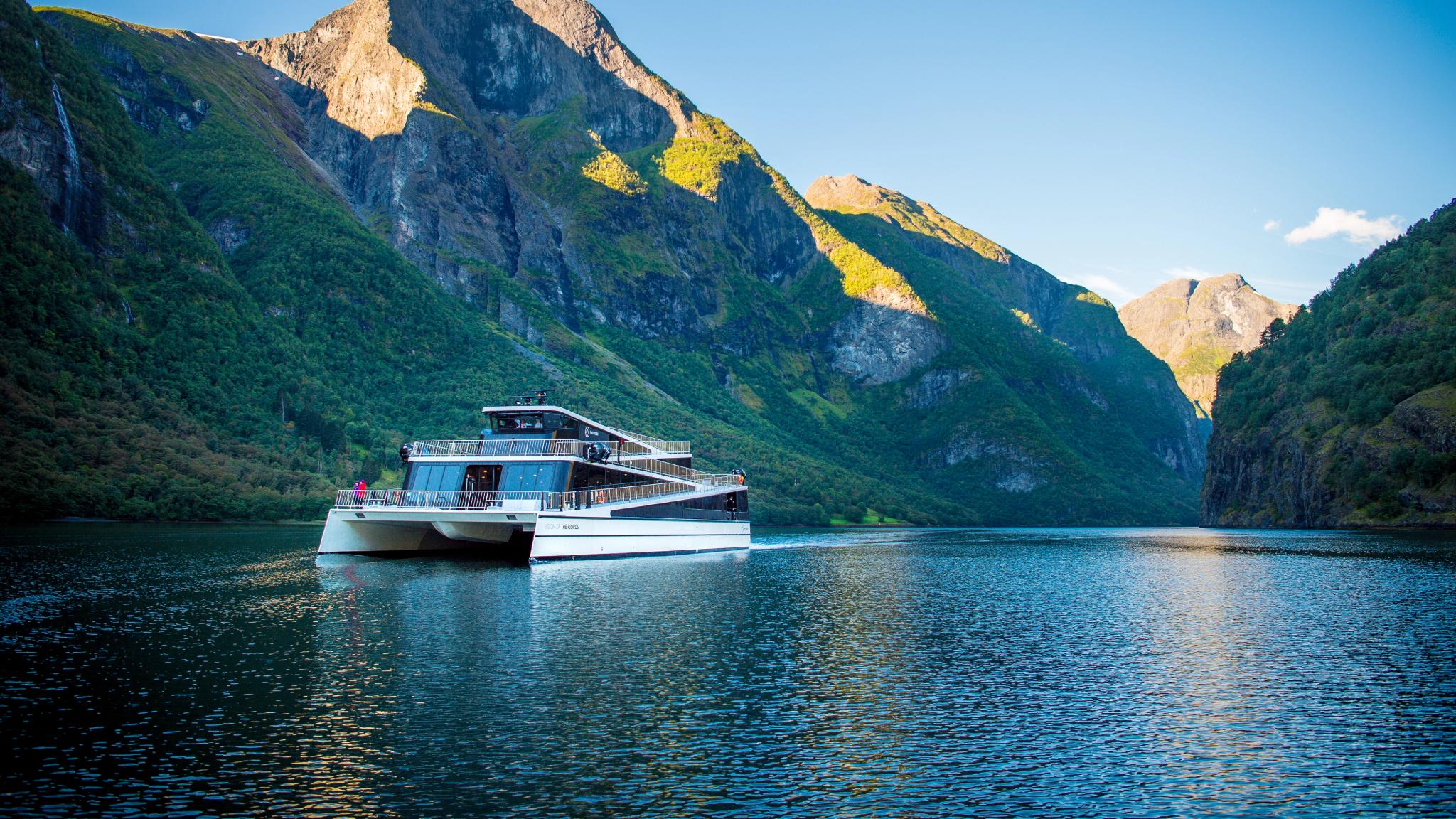 Het schip ’Vision of the Fjords’ dat tussen de hoge bergen vaart op een zonnige zomerdag in Fjord-Noorwegen