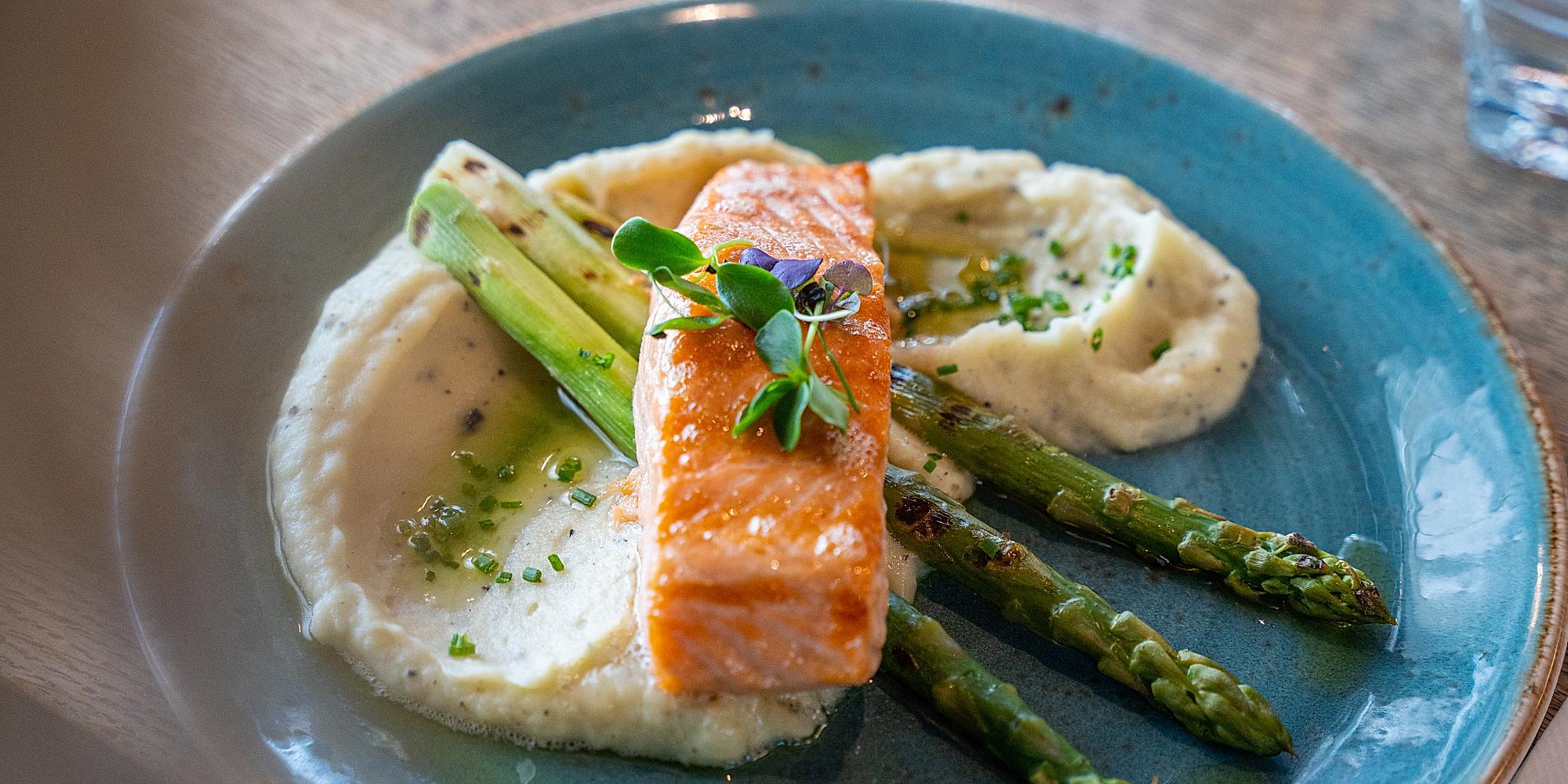 Plate of grilled salmon from The Salmon, at Tjuvholmen in Oslo