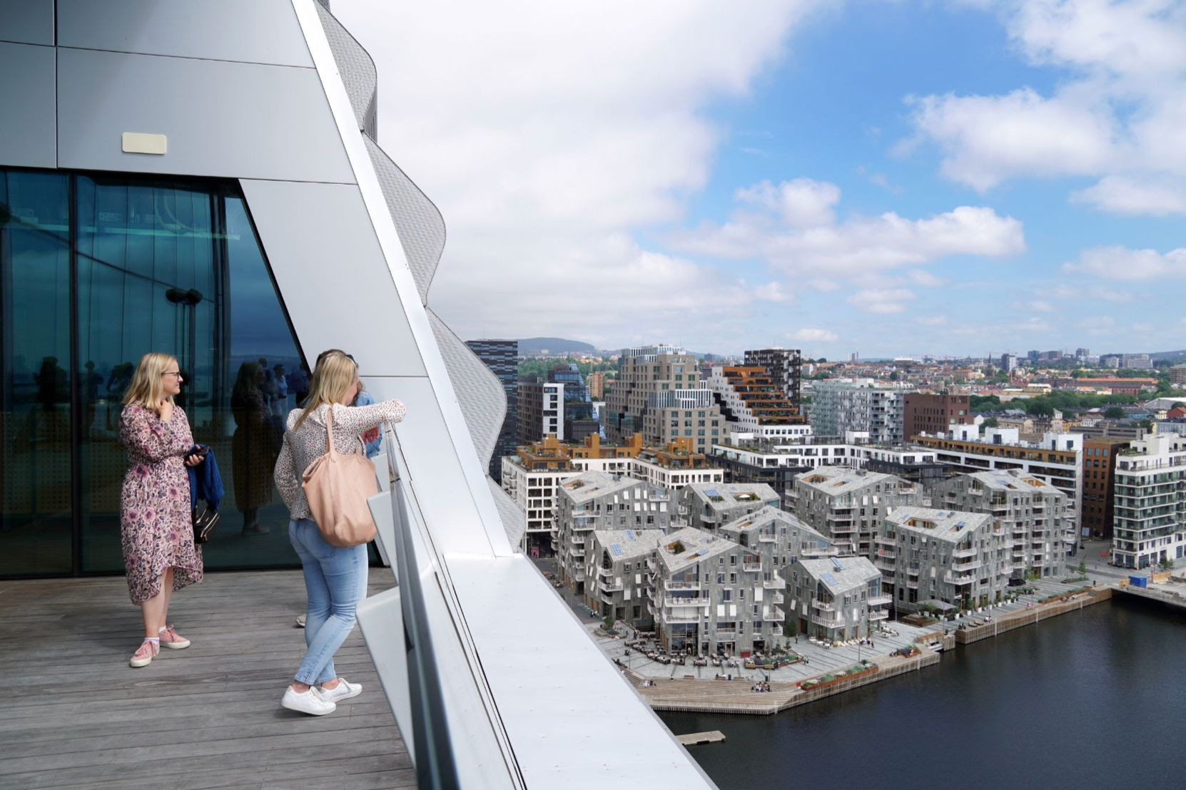 Three women on top of the Munch Museum looking at the view