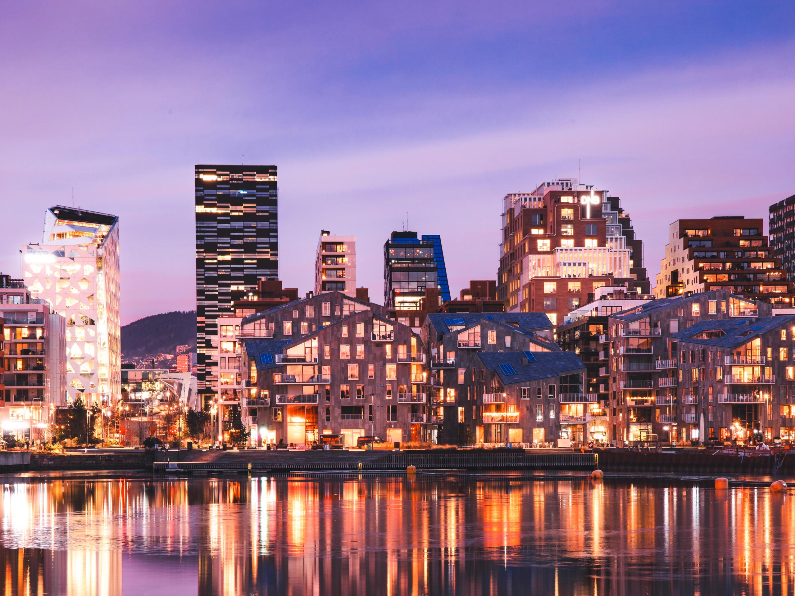 Bjørvika neighbourhood at night in Oslo