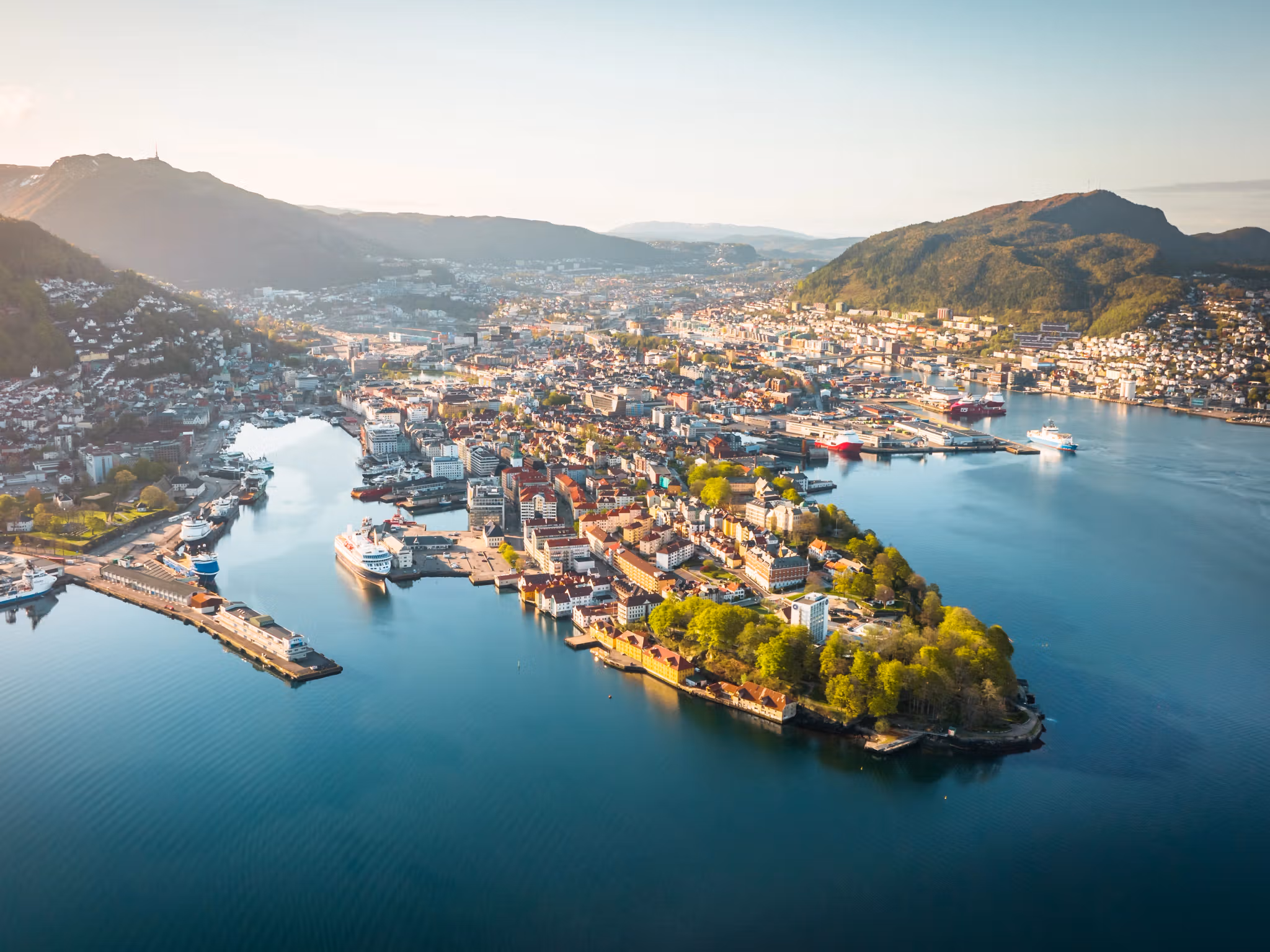 Bergen with Fløyen and Ulriken in the background during summer