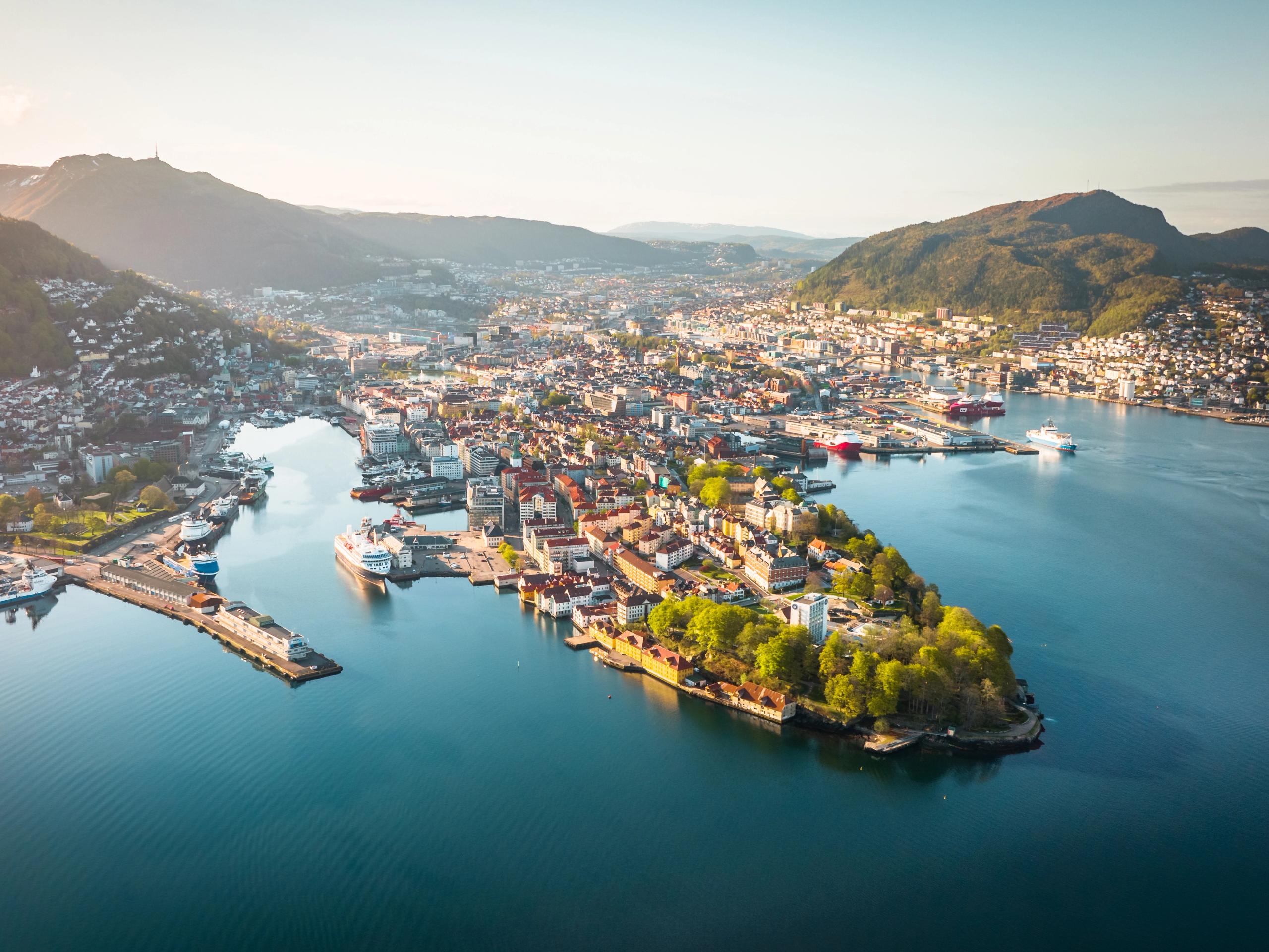 Bergen with Fløyen and Ulriken in the background during summer
