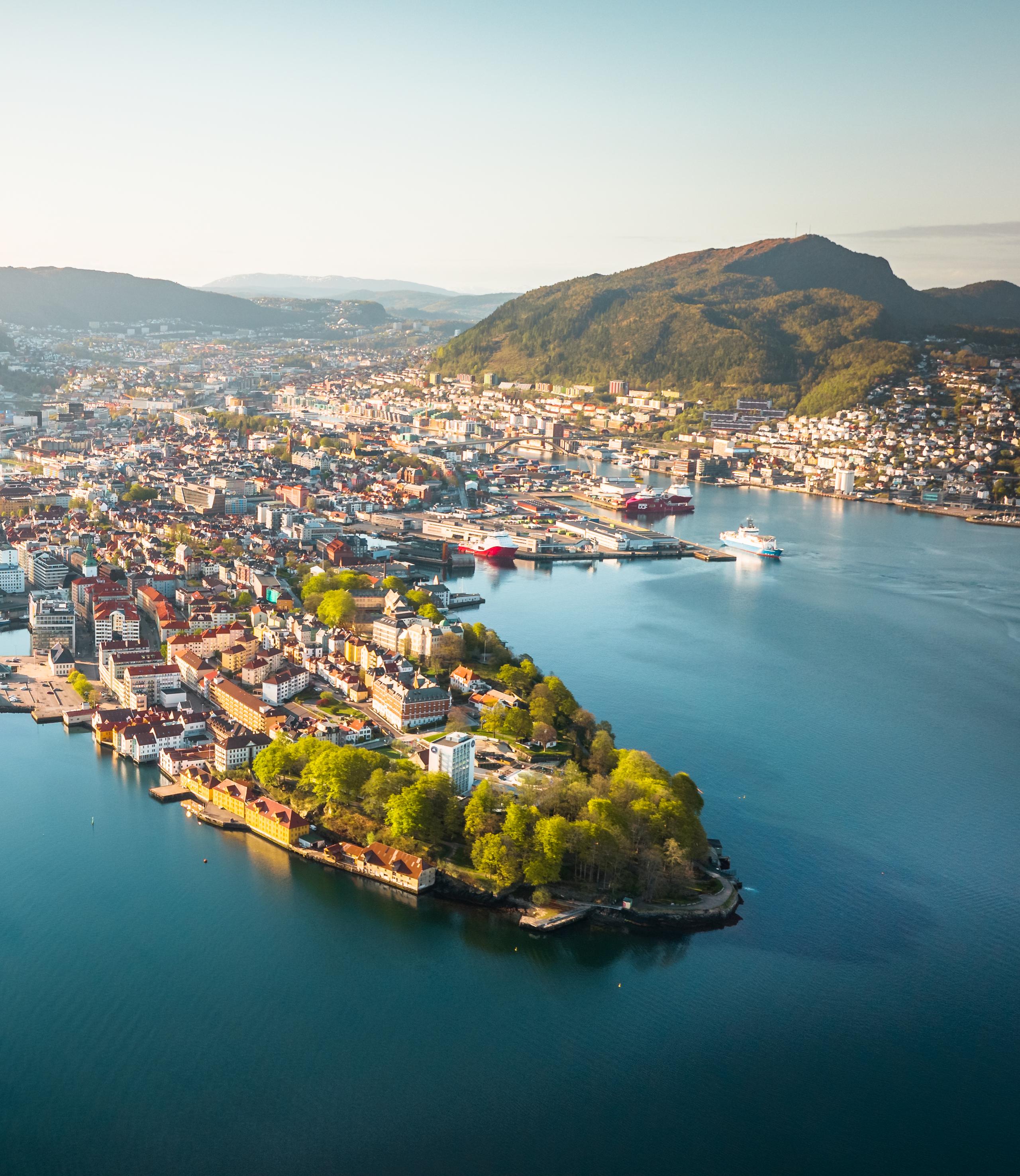 Bergen with Fløyen and Ulriken in the background during summer