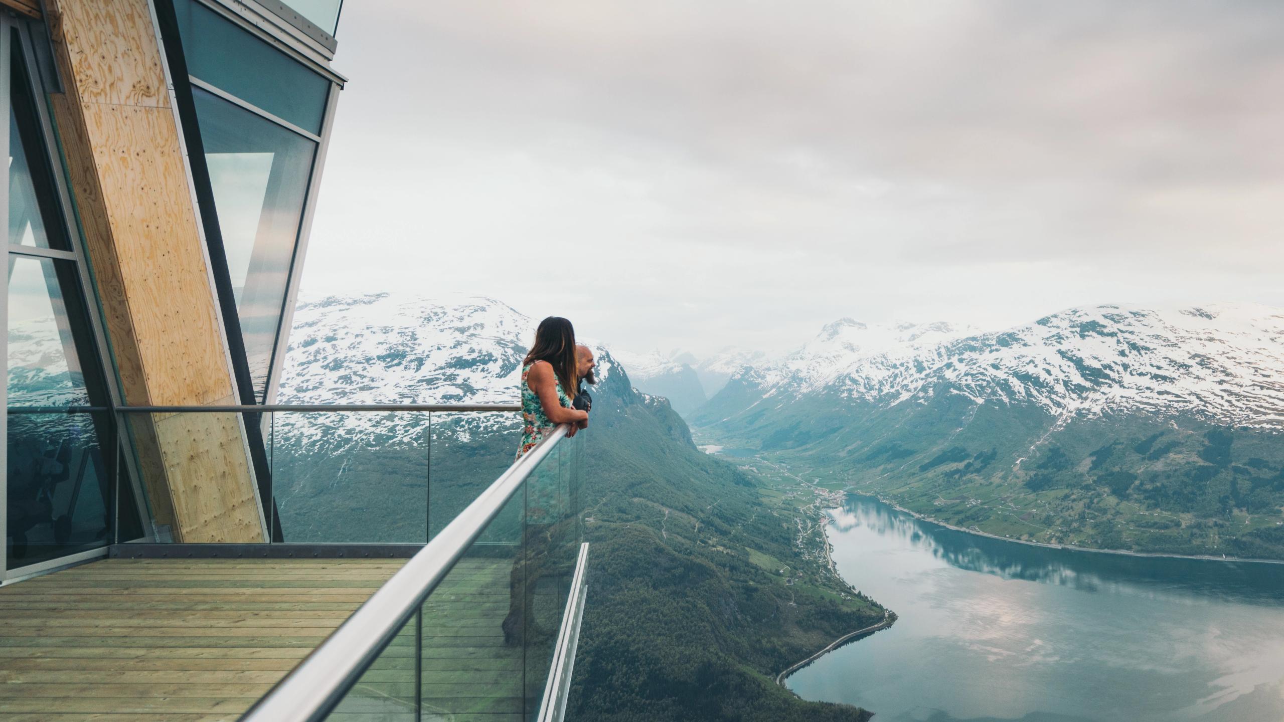 Two people at Loen skylift in Fjord Norway