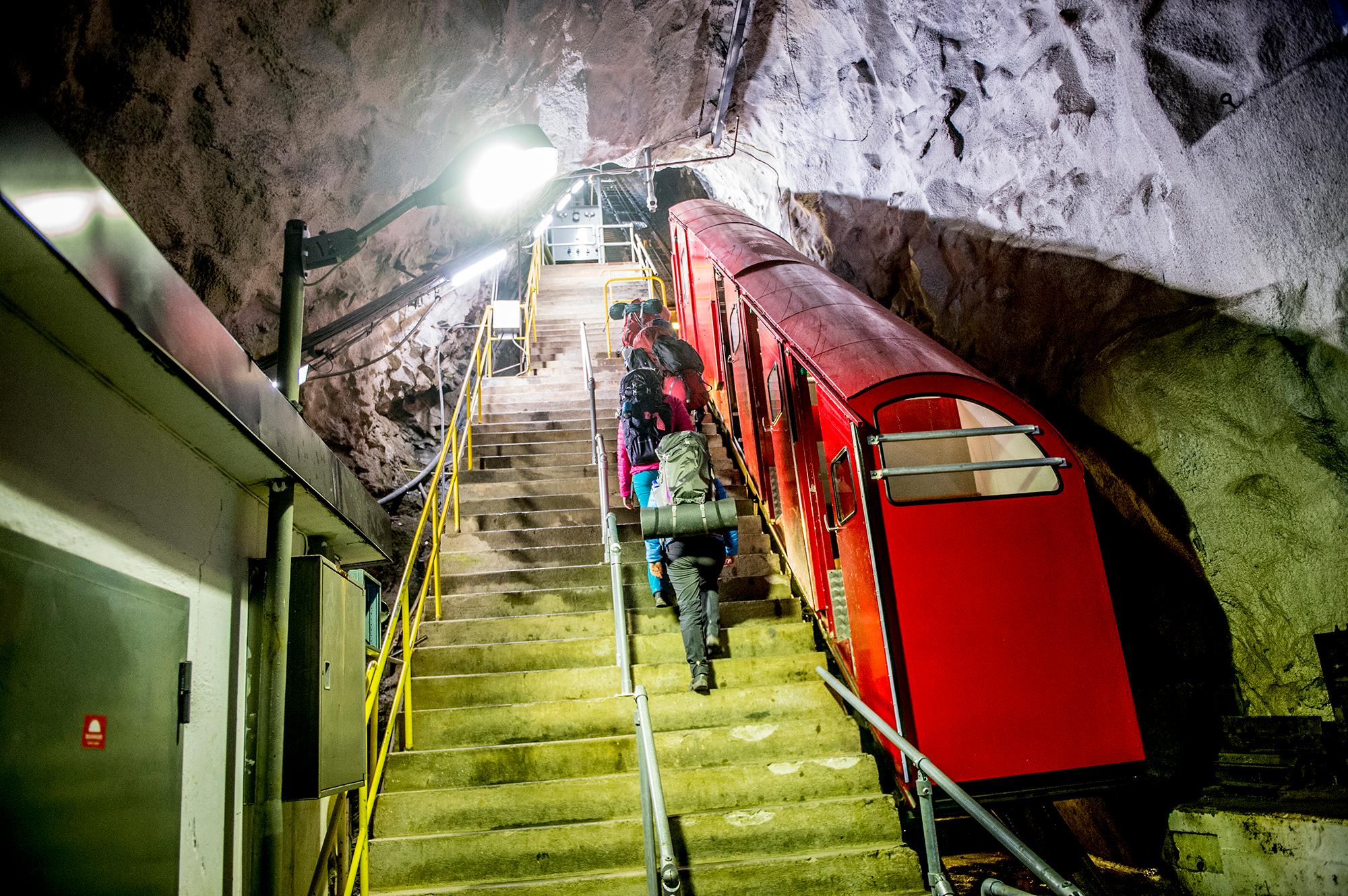 People entering the Gaustabanen cable car inside of Mount Gaustatoppen in Telemark, Norway