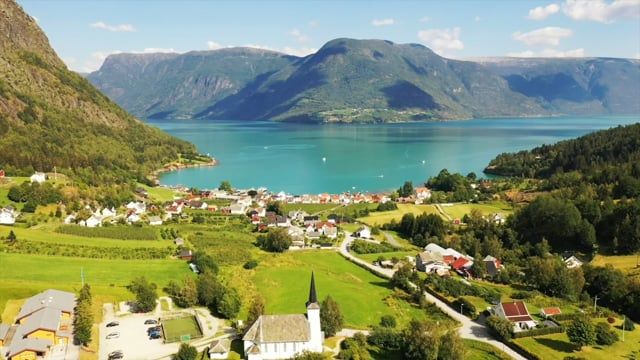 The fjord village Solvorn by the Lustrafjord in the Sognefjord area of Fjord Norway