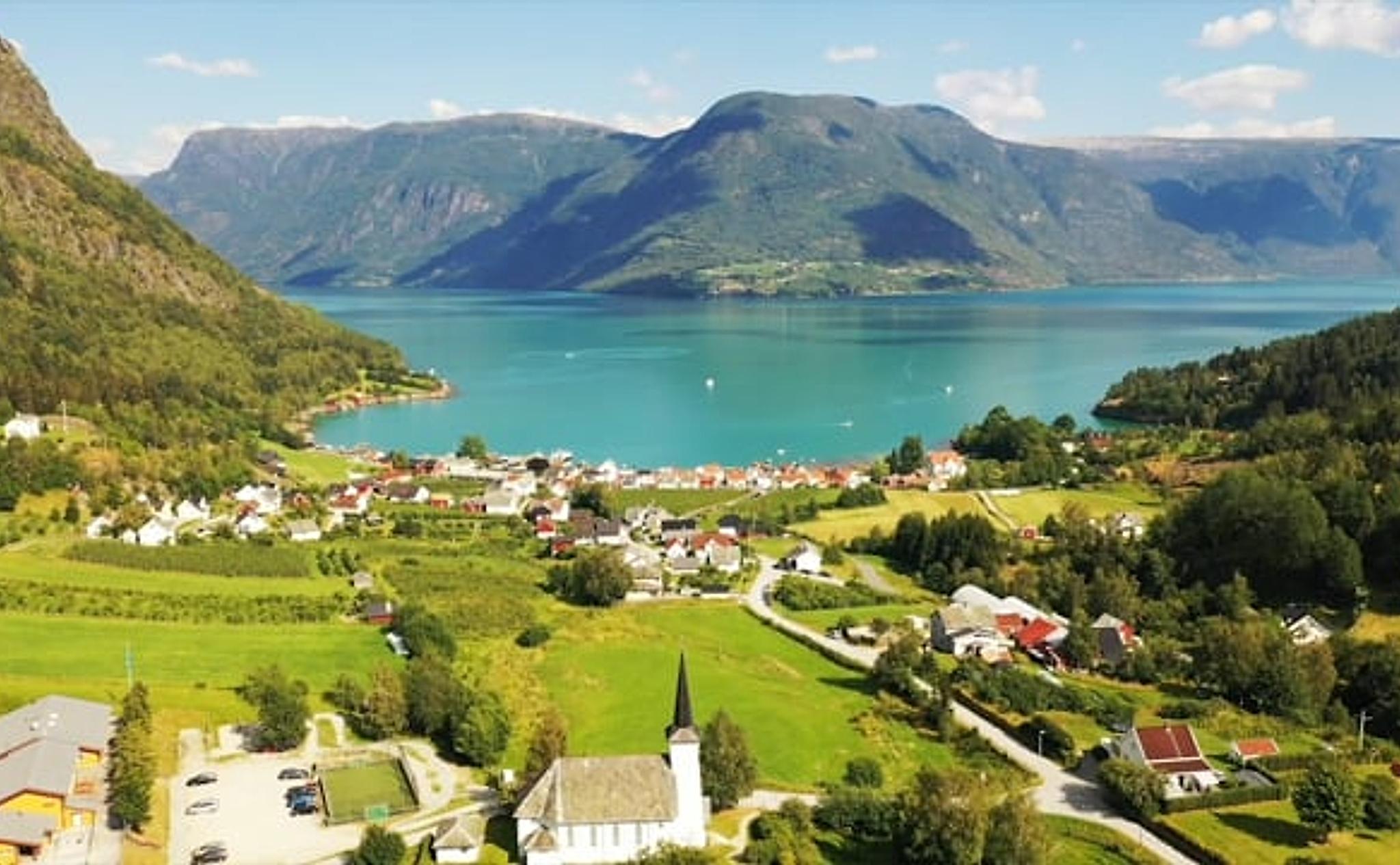 The fjord village Solvorn by the Lustrafjord in the Sognefjord area of Fjord Norway