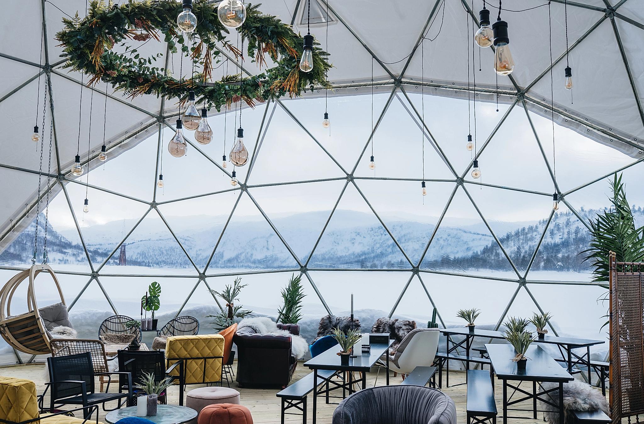Dining in the geodome "The Village Hovden", Hovden, Southern Norway