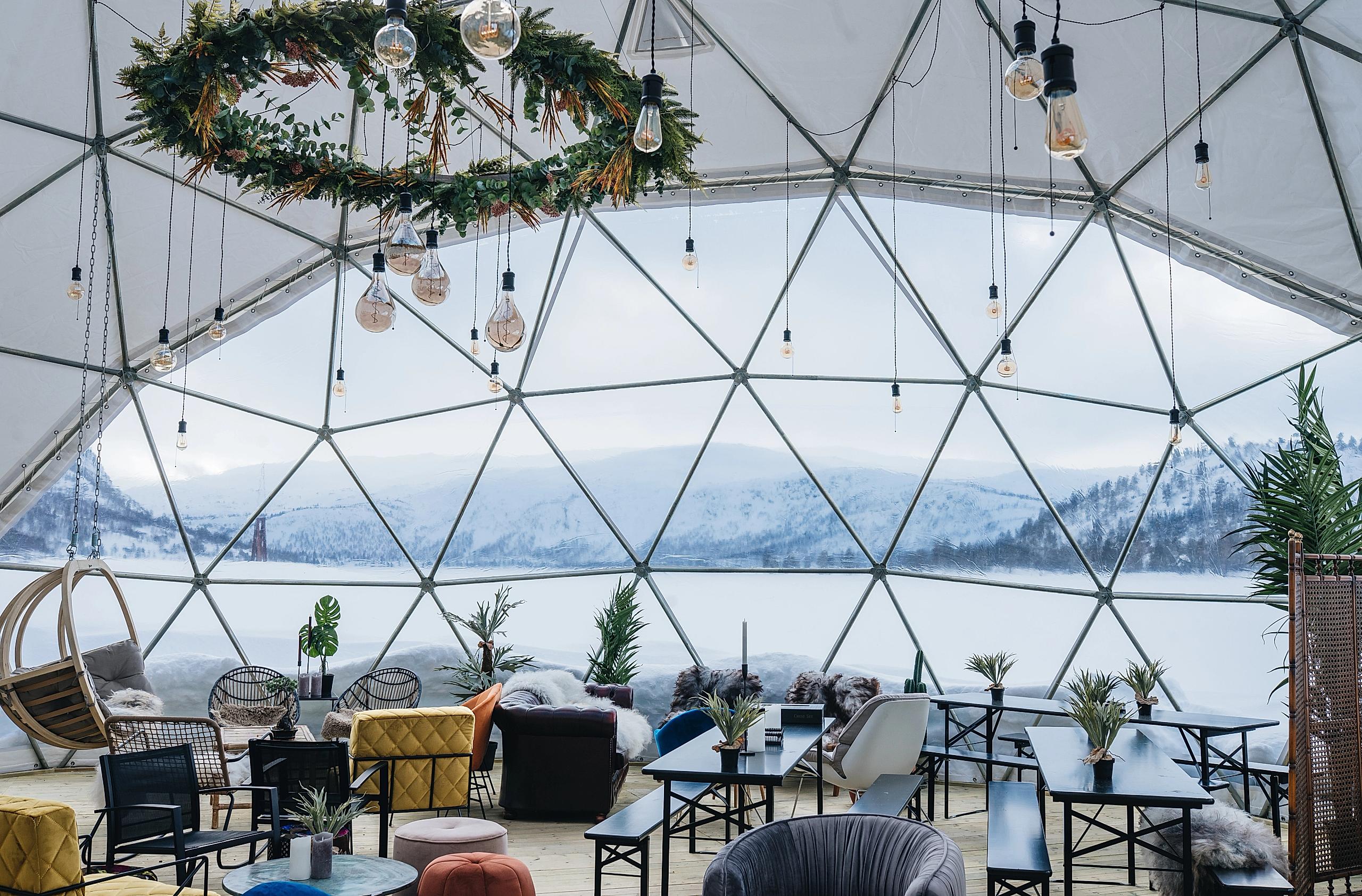 Dining in the geodome "The Village Hovden", Hovden, Southern Norway