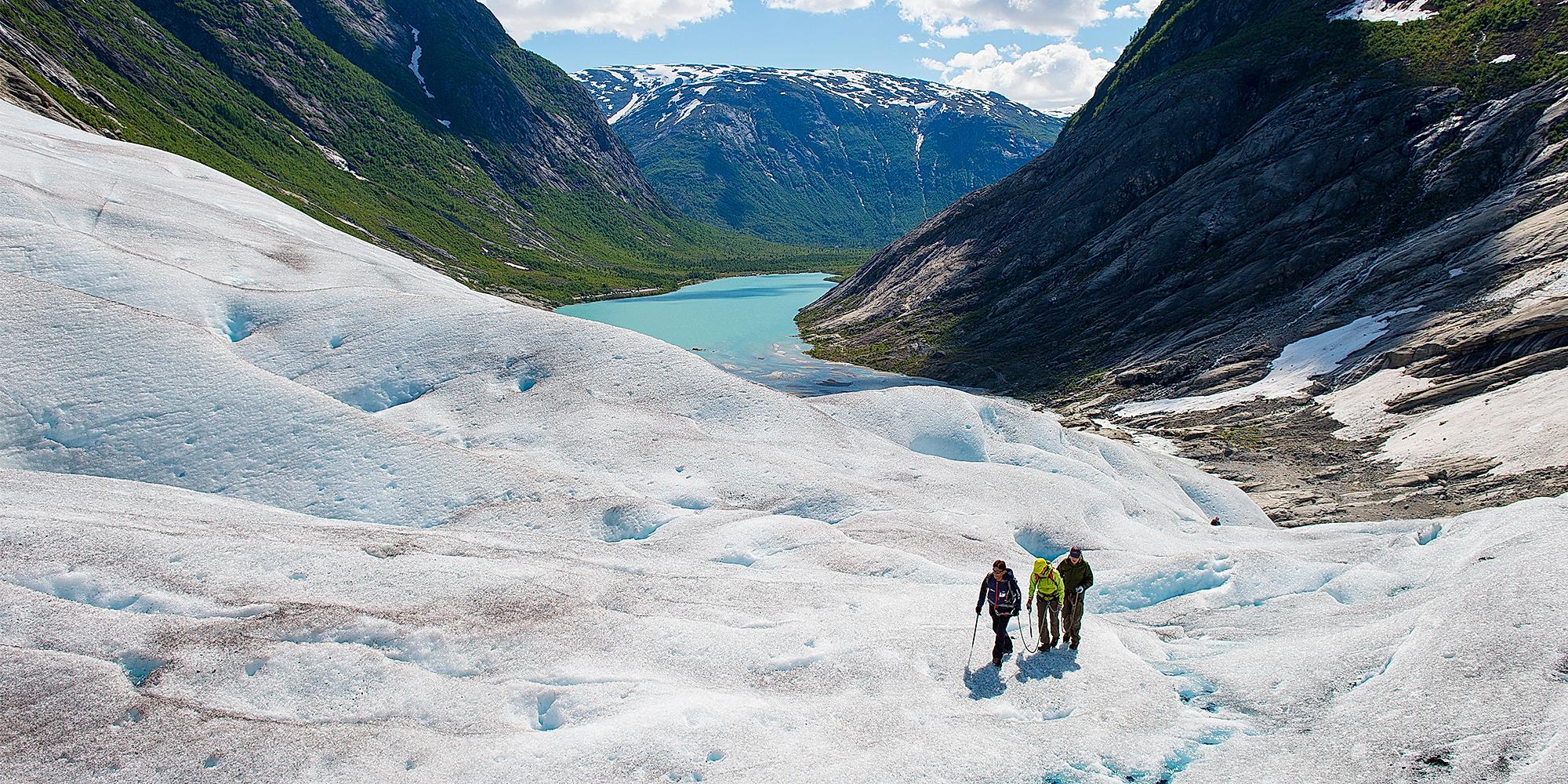 Tre mennesker går i taulag på Nigardsbreen