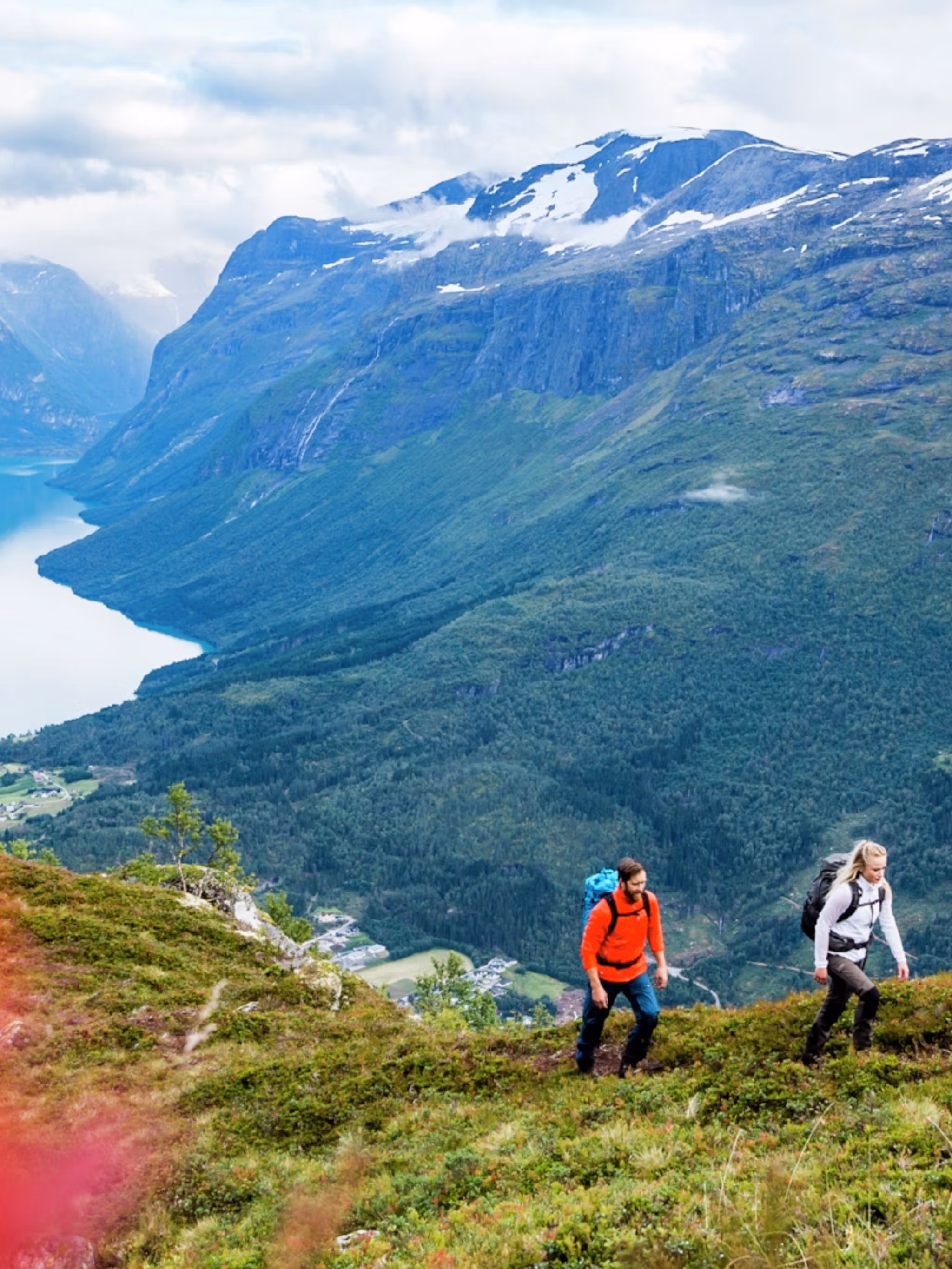 Hiking at Mount Hoven near Loen Skylift in Loen in the Nordfjord area of Fjord Norway
