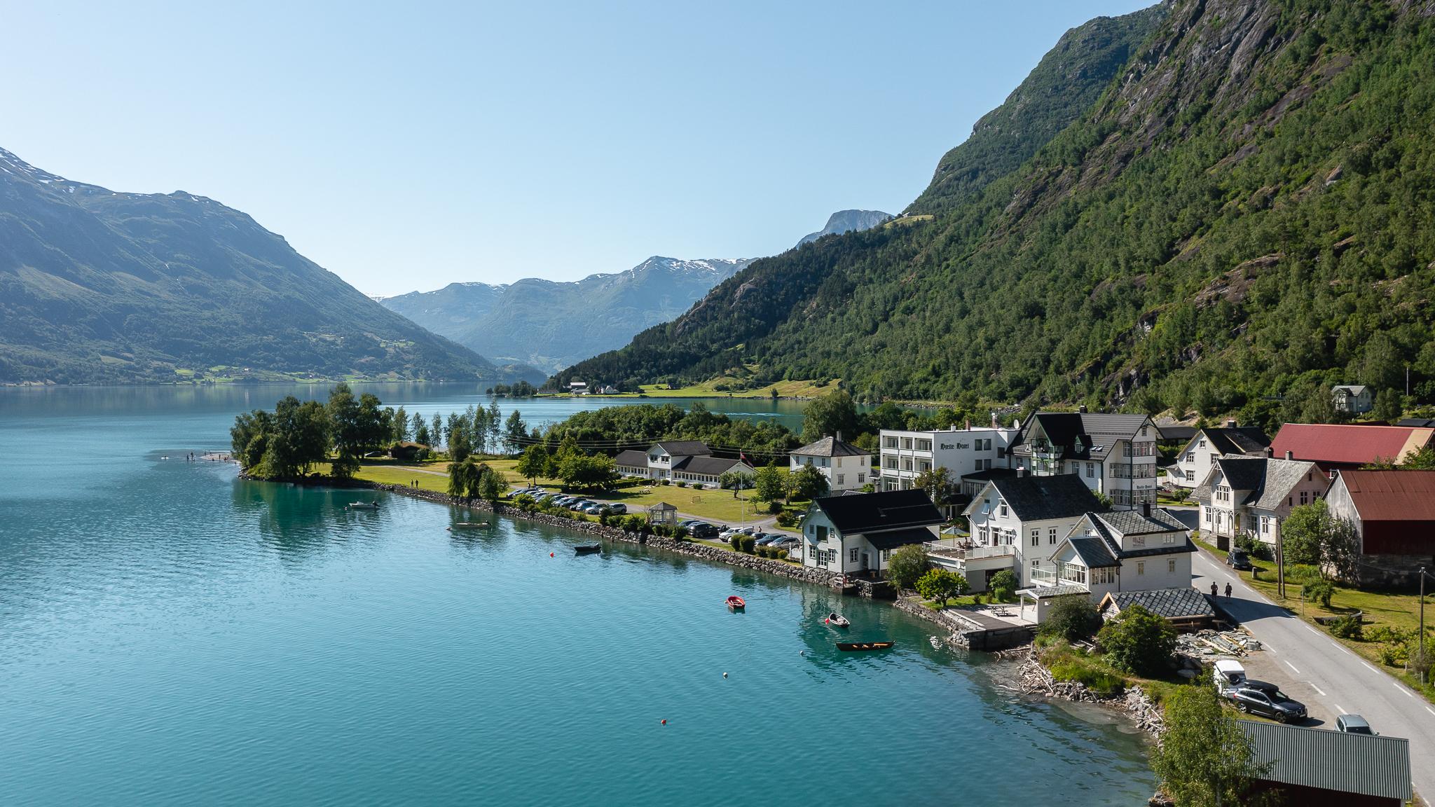 A village by a lake.