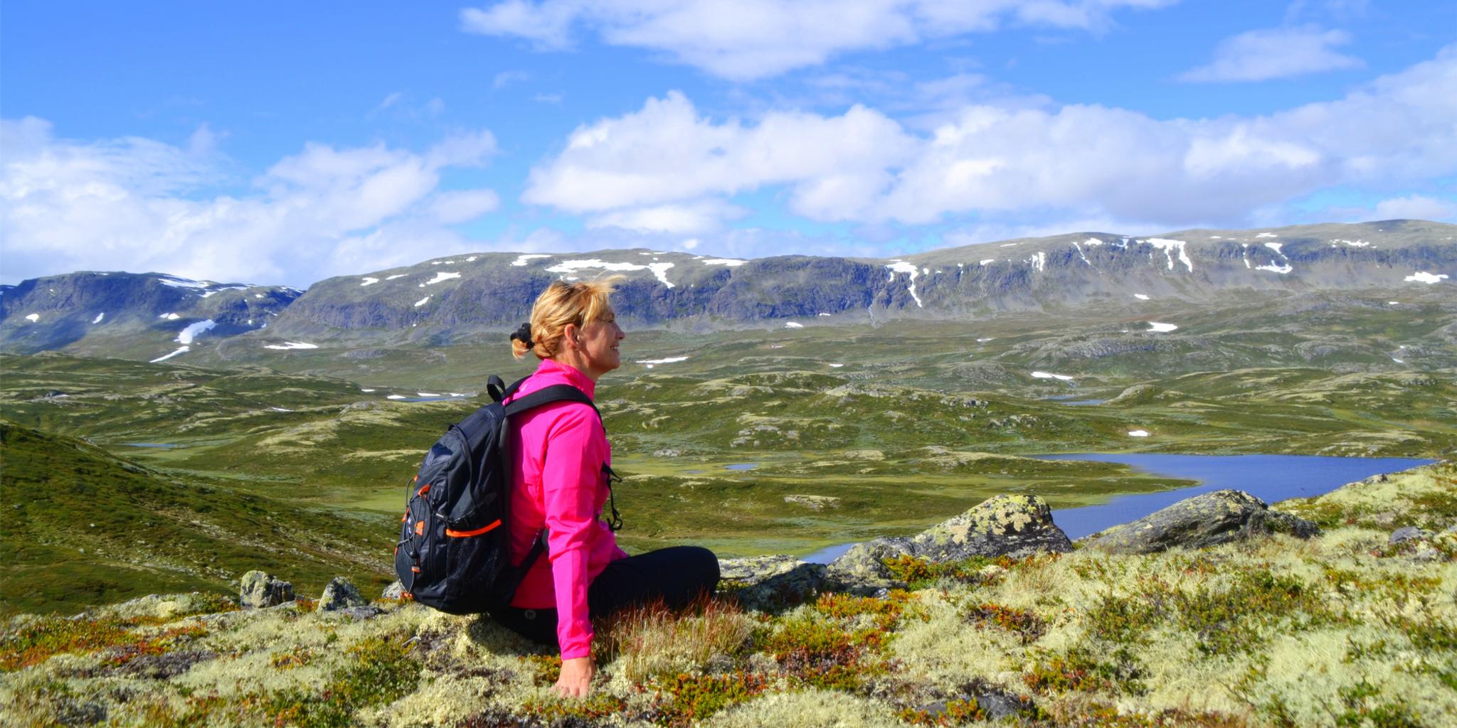 Femme assise, admirant la vue sur les montagnes à Ål dans la vallée de Hallingdal, en Norvège de l’Est