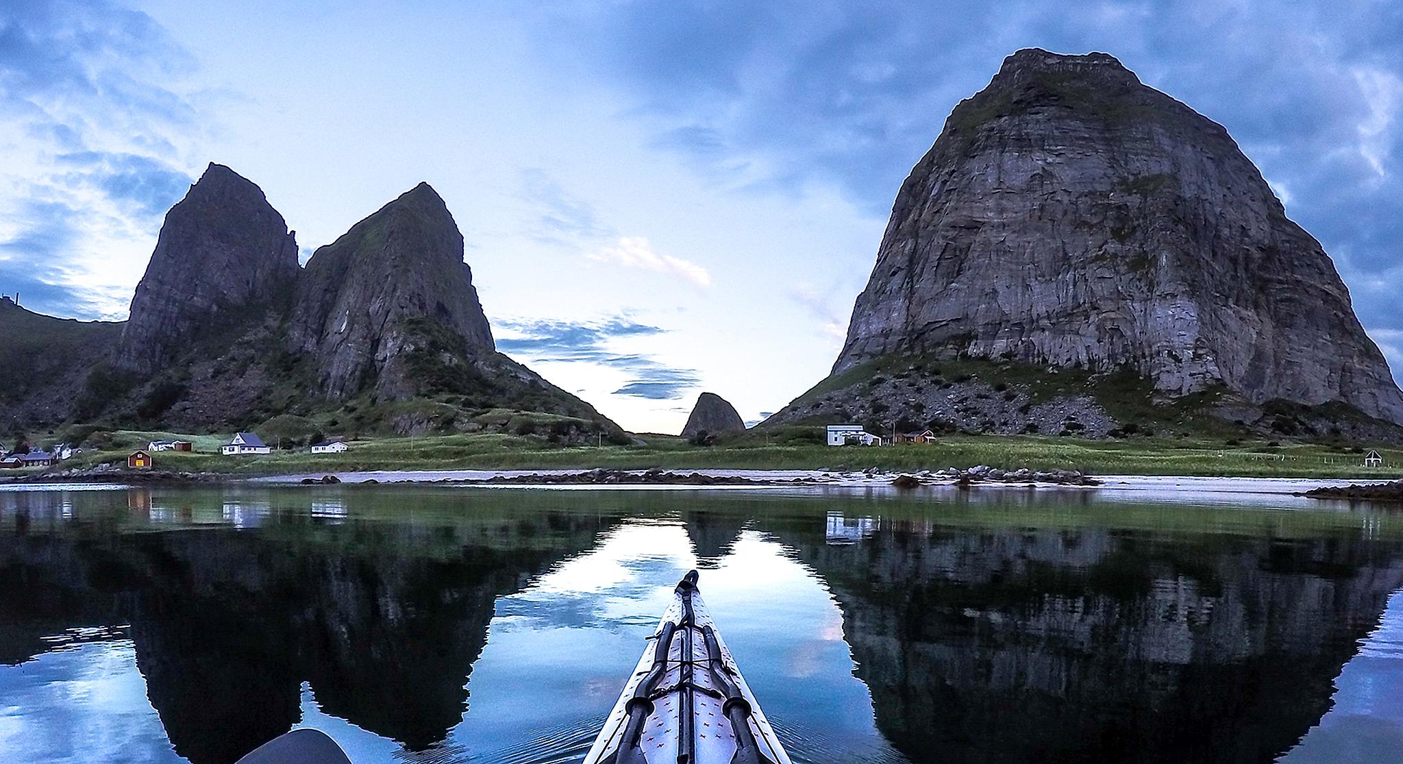 Kayaking outside of Træna on the Helgeland coast in Northern Norway
