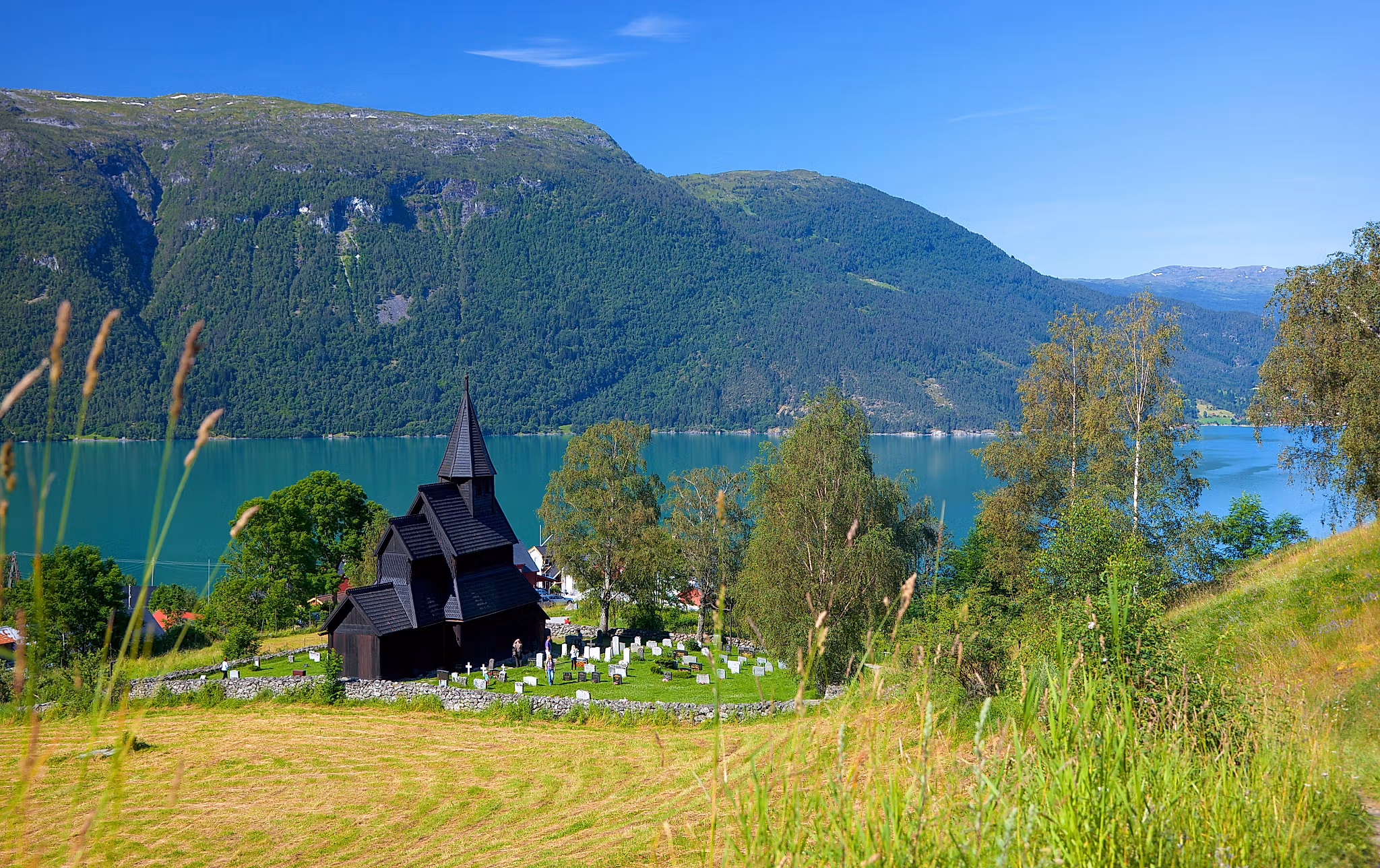 The stave church by the fjord in the lush summer in Urnes, Fjord Norway
