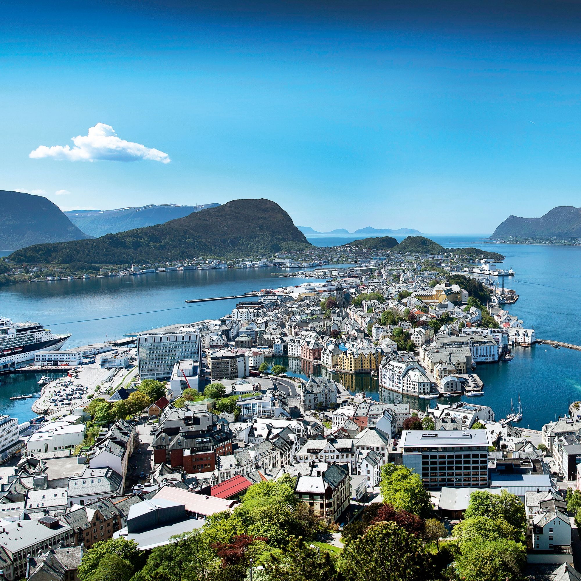 The city Ålesund, Fjord Norway, seen from viewpoint Aksla