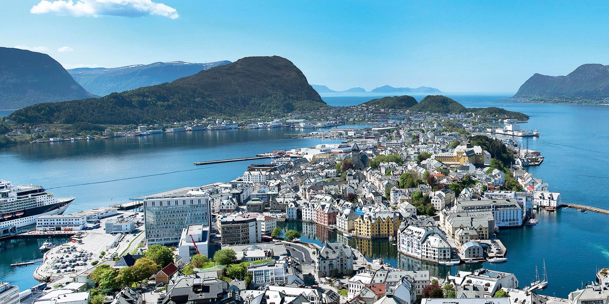 The city Ålesund, Fjord Norway, seen from viewpoint Aksla