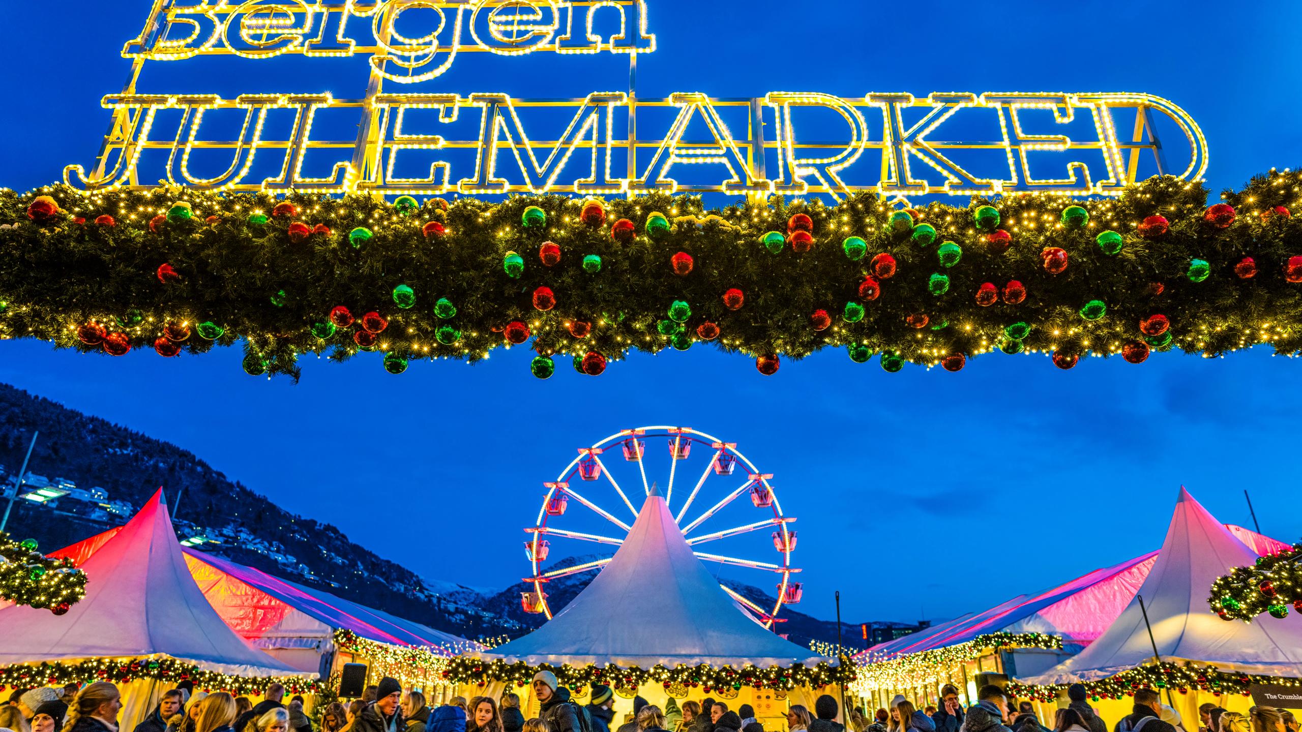 Christmas market with Ferris wheel in Bergen, Western Norway
