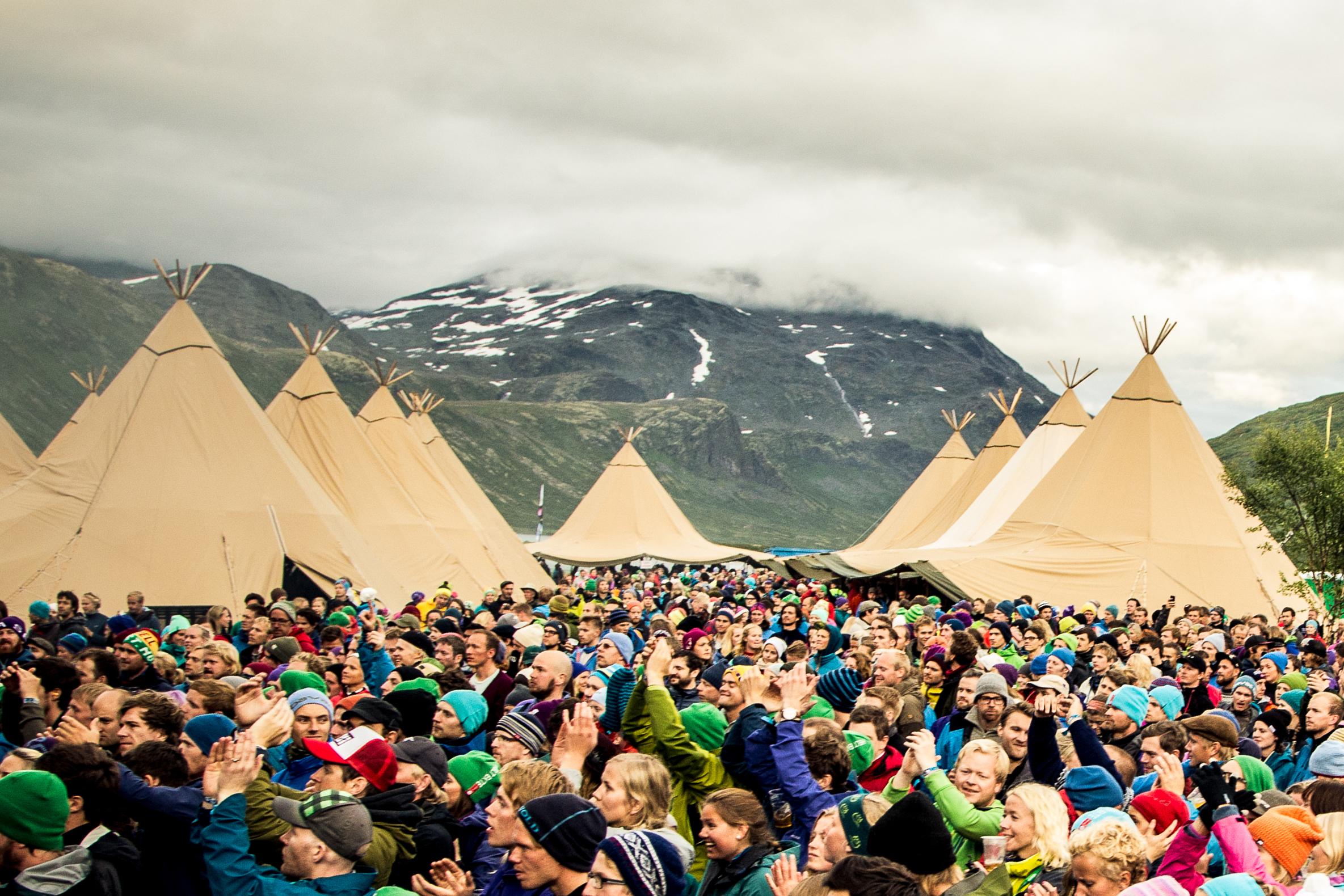 A crowd between tents at Vinjerock, Jotunheimen, Eastern Norway