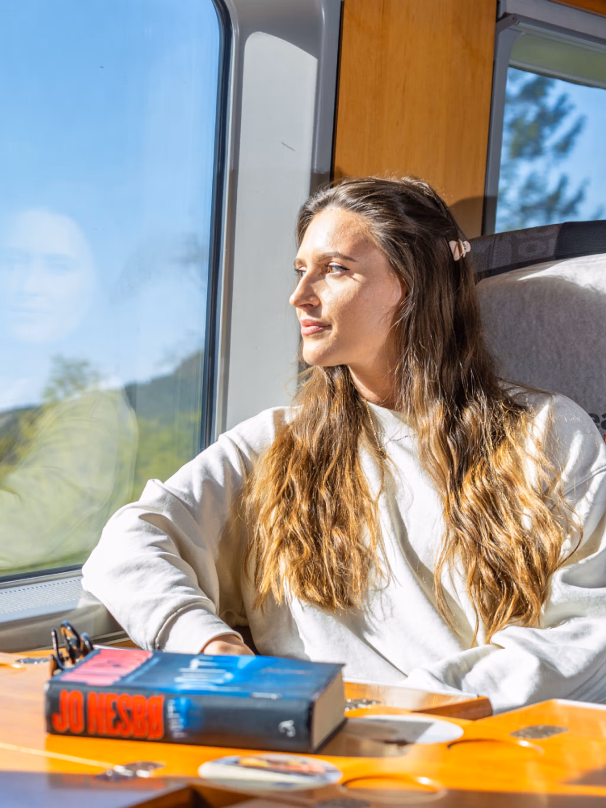 A woman riding the Sørland Line train from Oslo to Stavanger, Norway