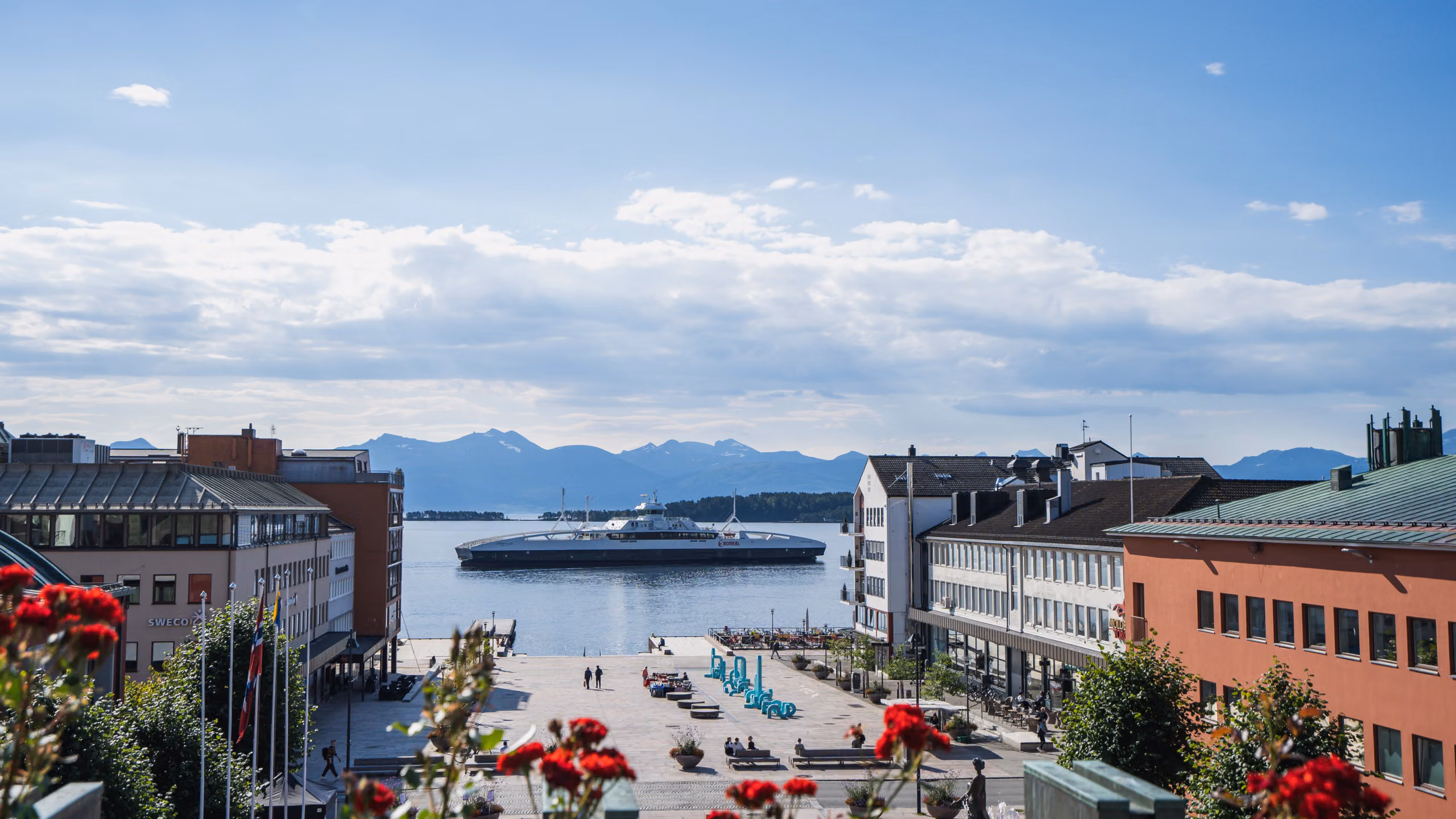 Molde city centre with roses in the foreground and the ocean in the background