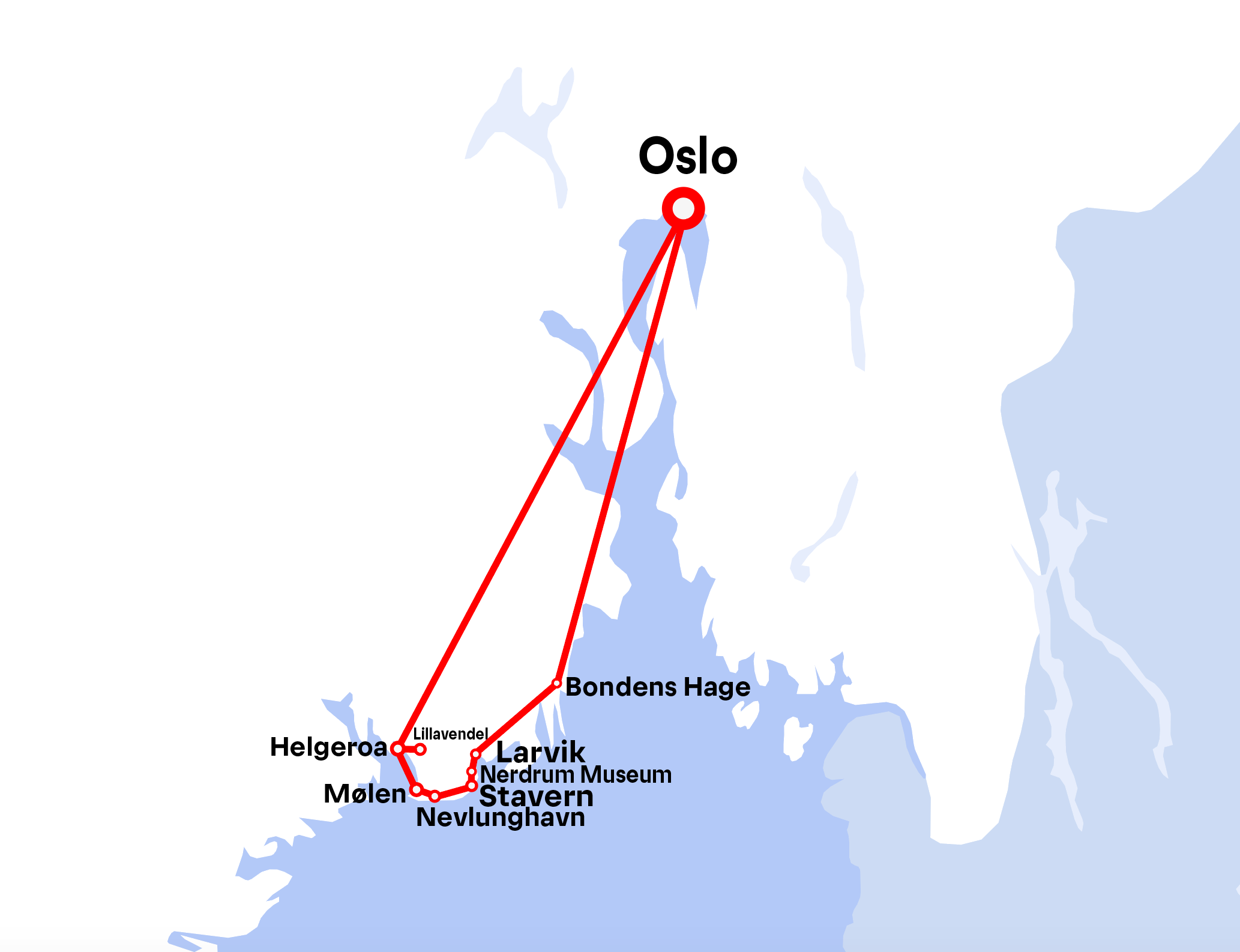 A map of a getaway route west of Oslo.