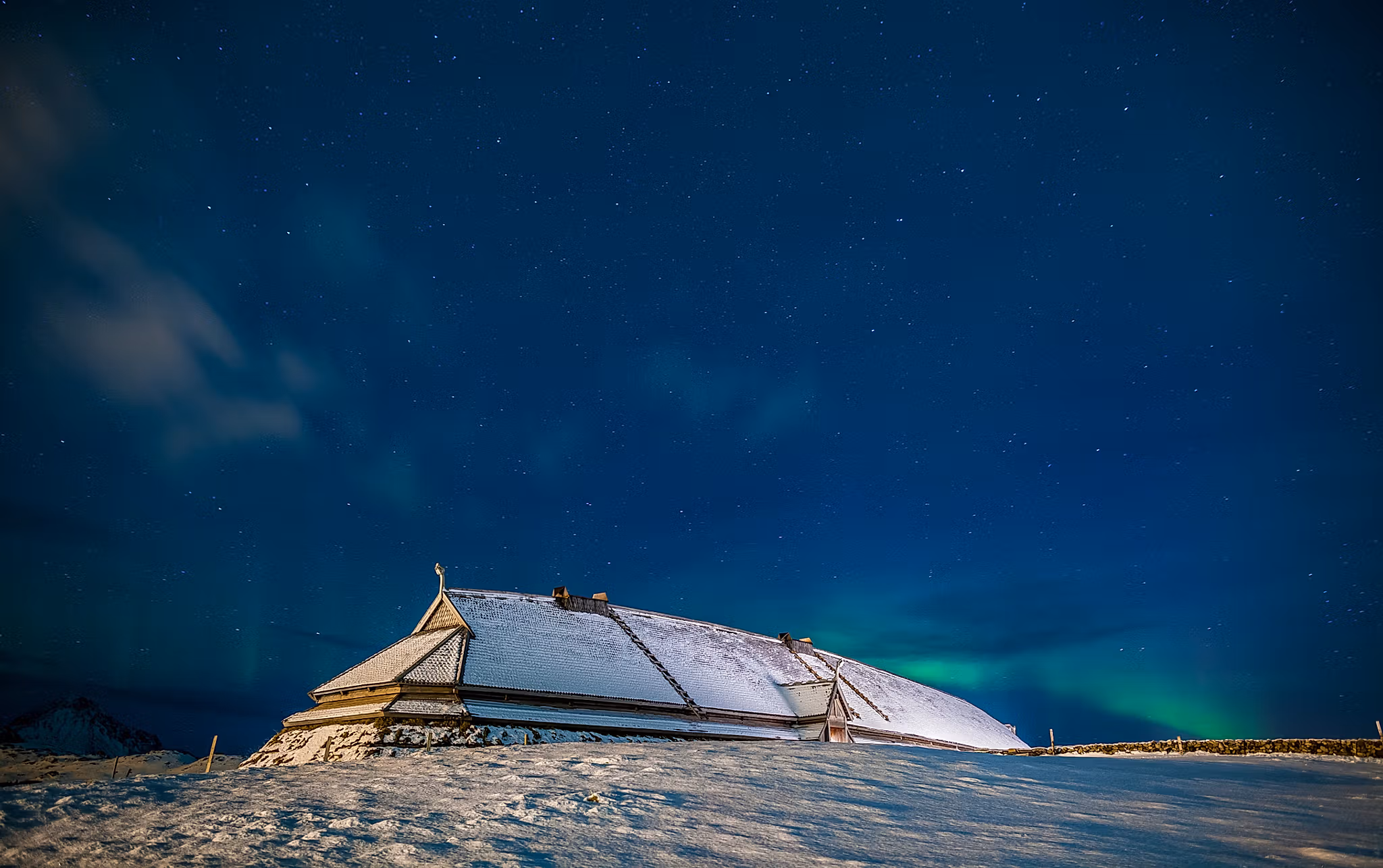 The longhouse at Lofotr Viking Museum under the midnight sun, Lofoten