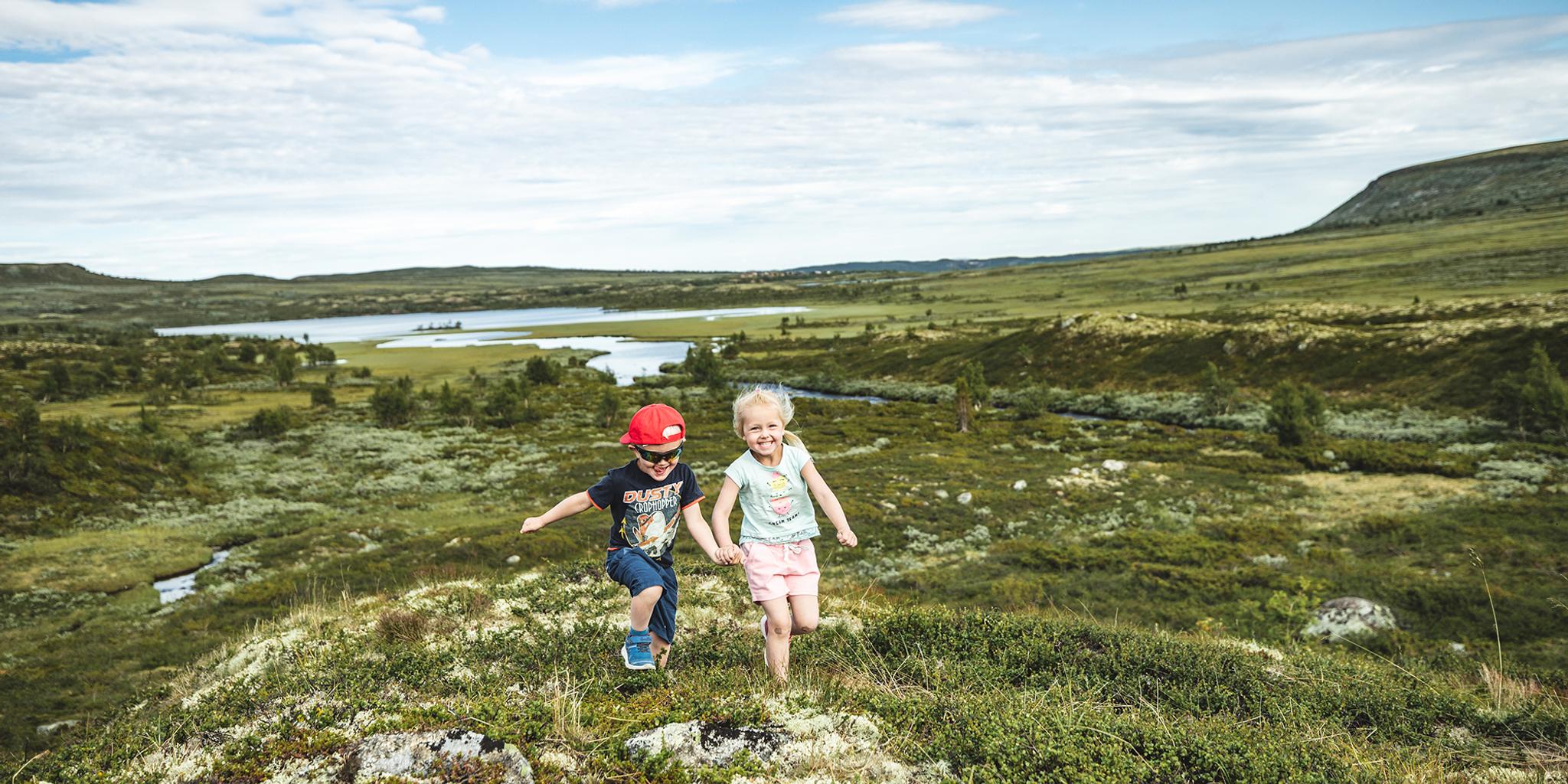 Two children are running in the mountains of Hallingdal, Eastern Norway