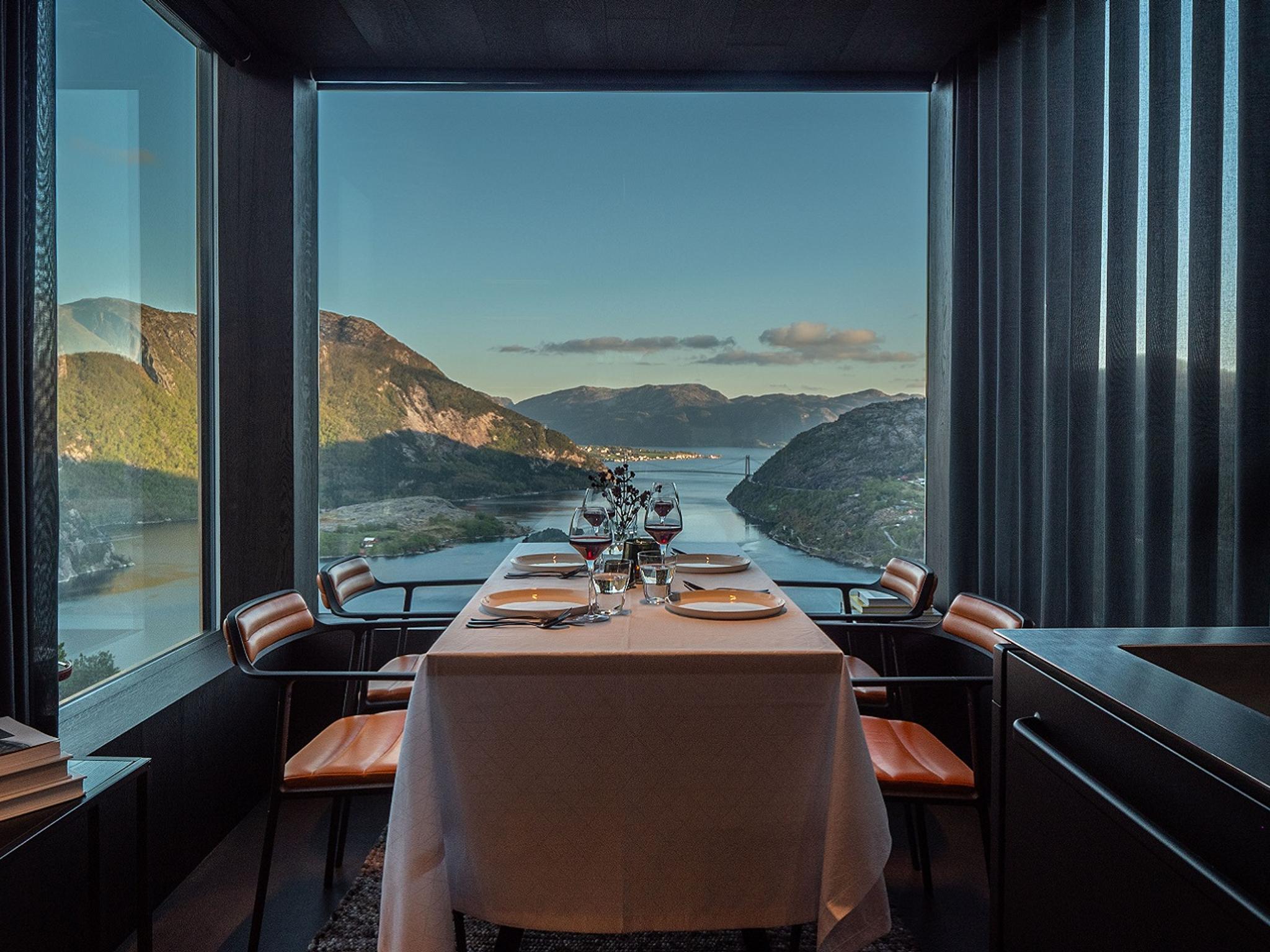 View over the fjord from the dining table in The Bolder, Norway