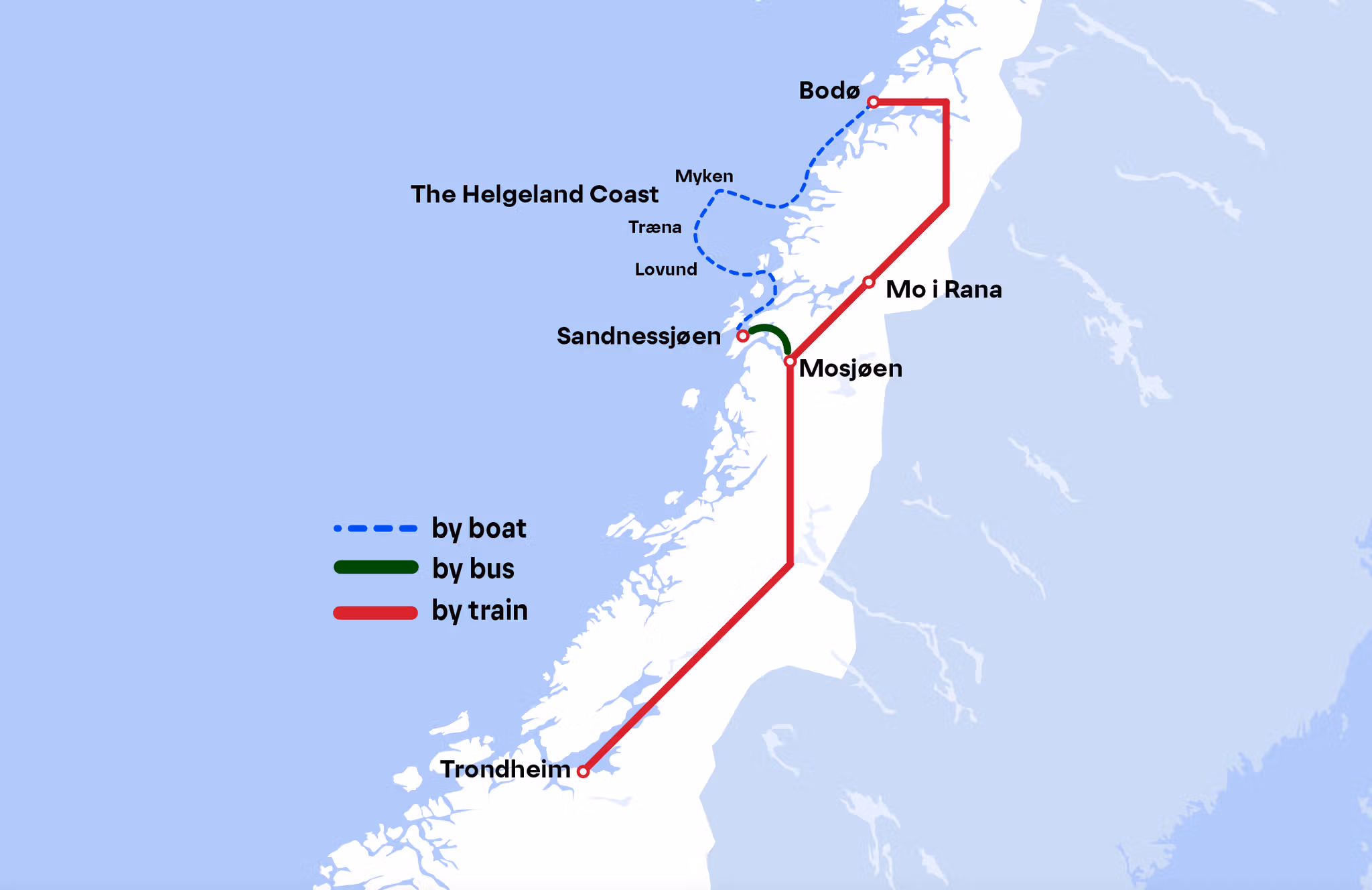 Public transportation map route from Trondheim-Helgelandskysten-Bodø