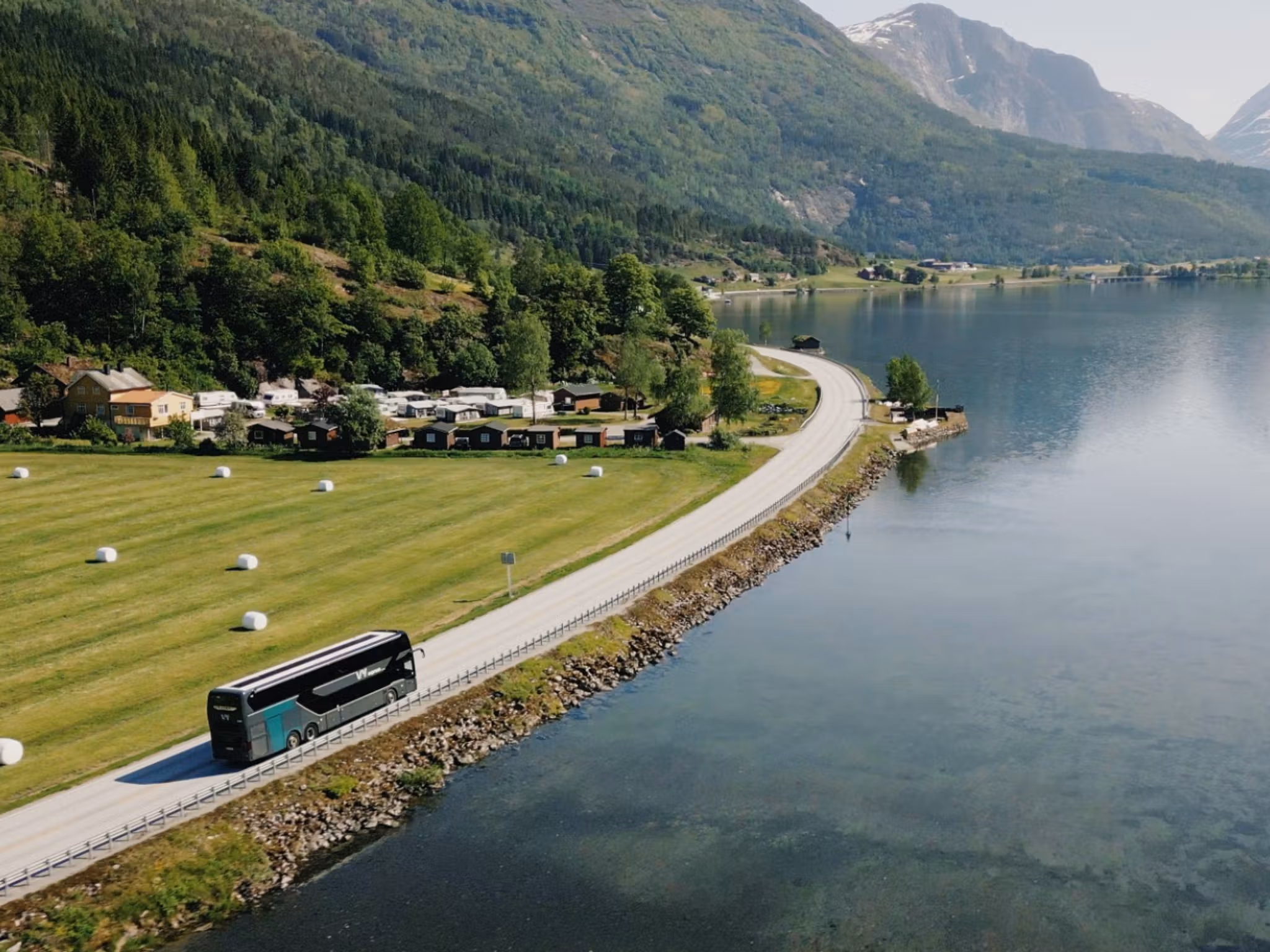 A bus driving along the coast in Norway, Vy express route vy146