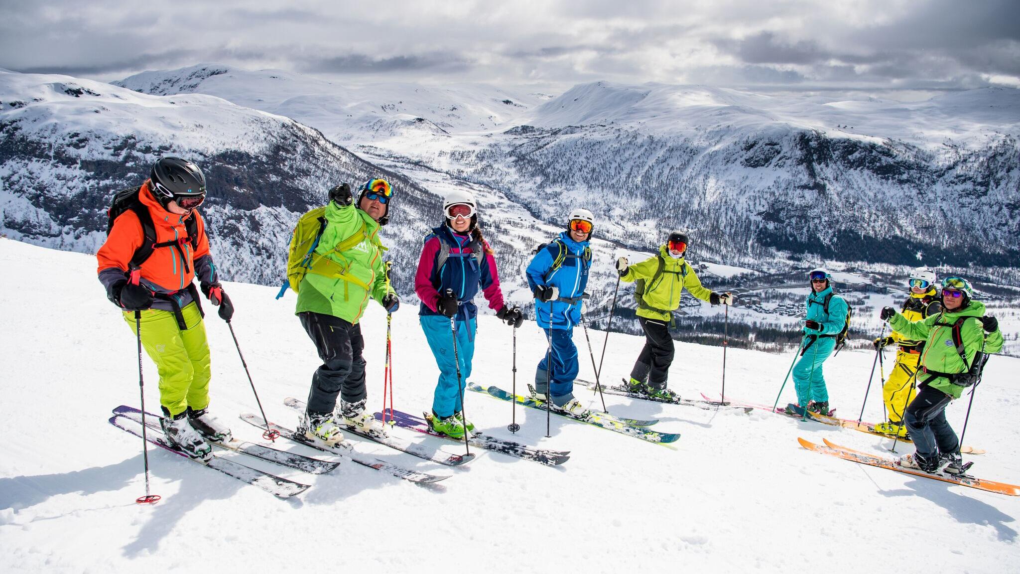 Alpine skiers in in Myrkdalen, Fjord Norway