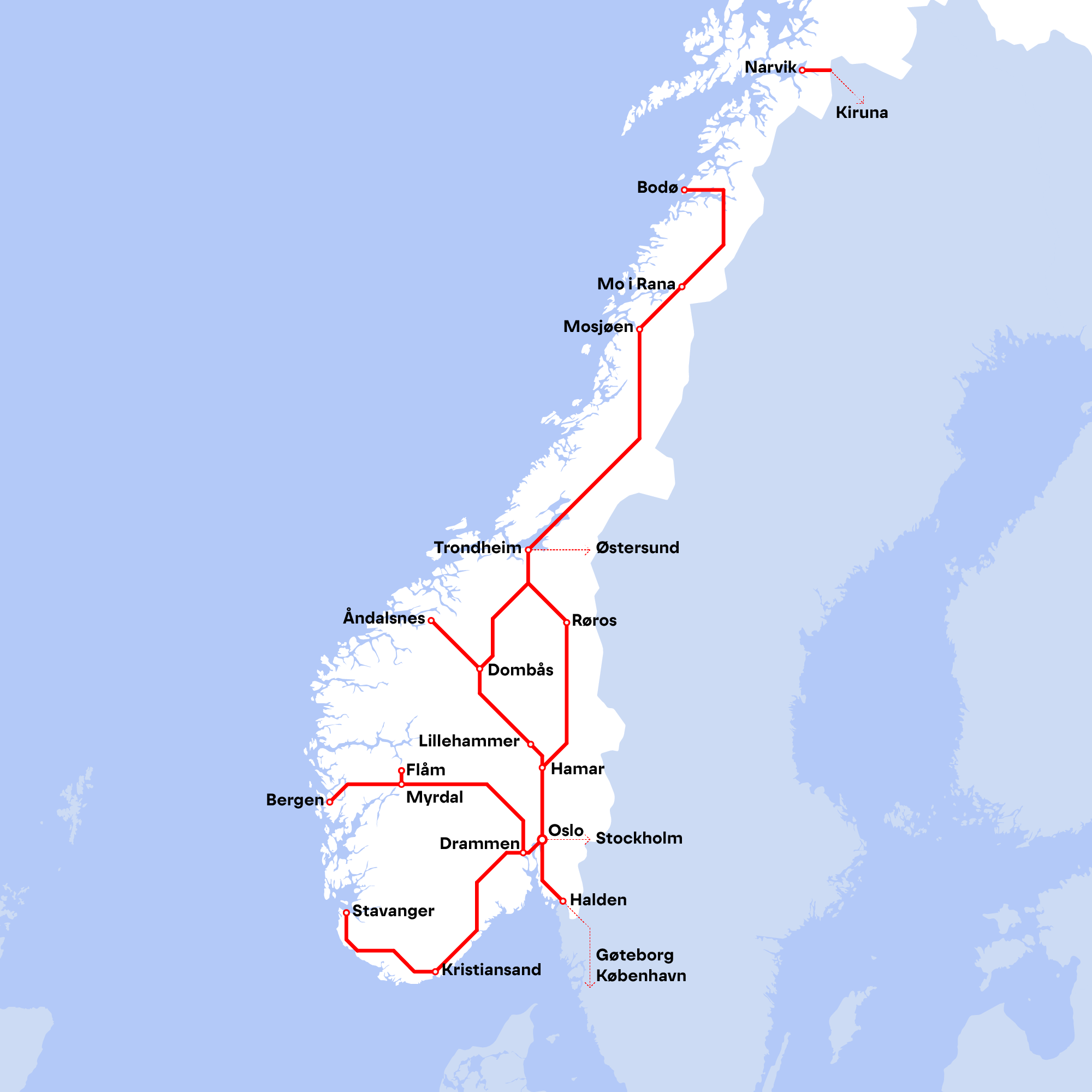 Kart med hovedtoglinjene i Norge