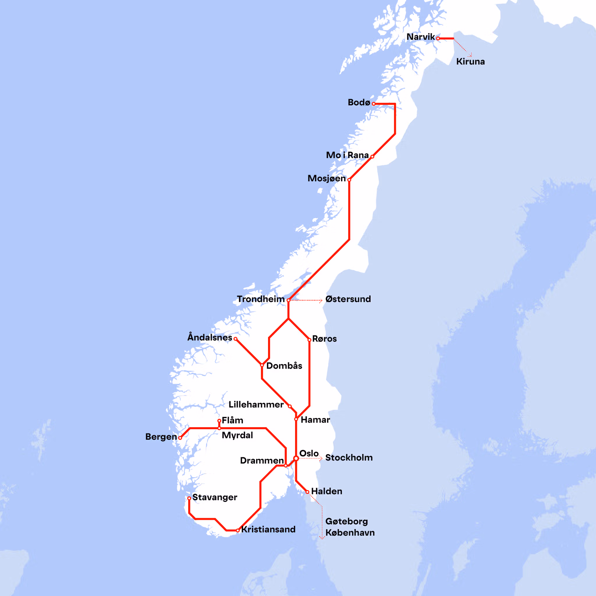 Kart med hovedtoglinjene i Norge