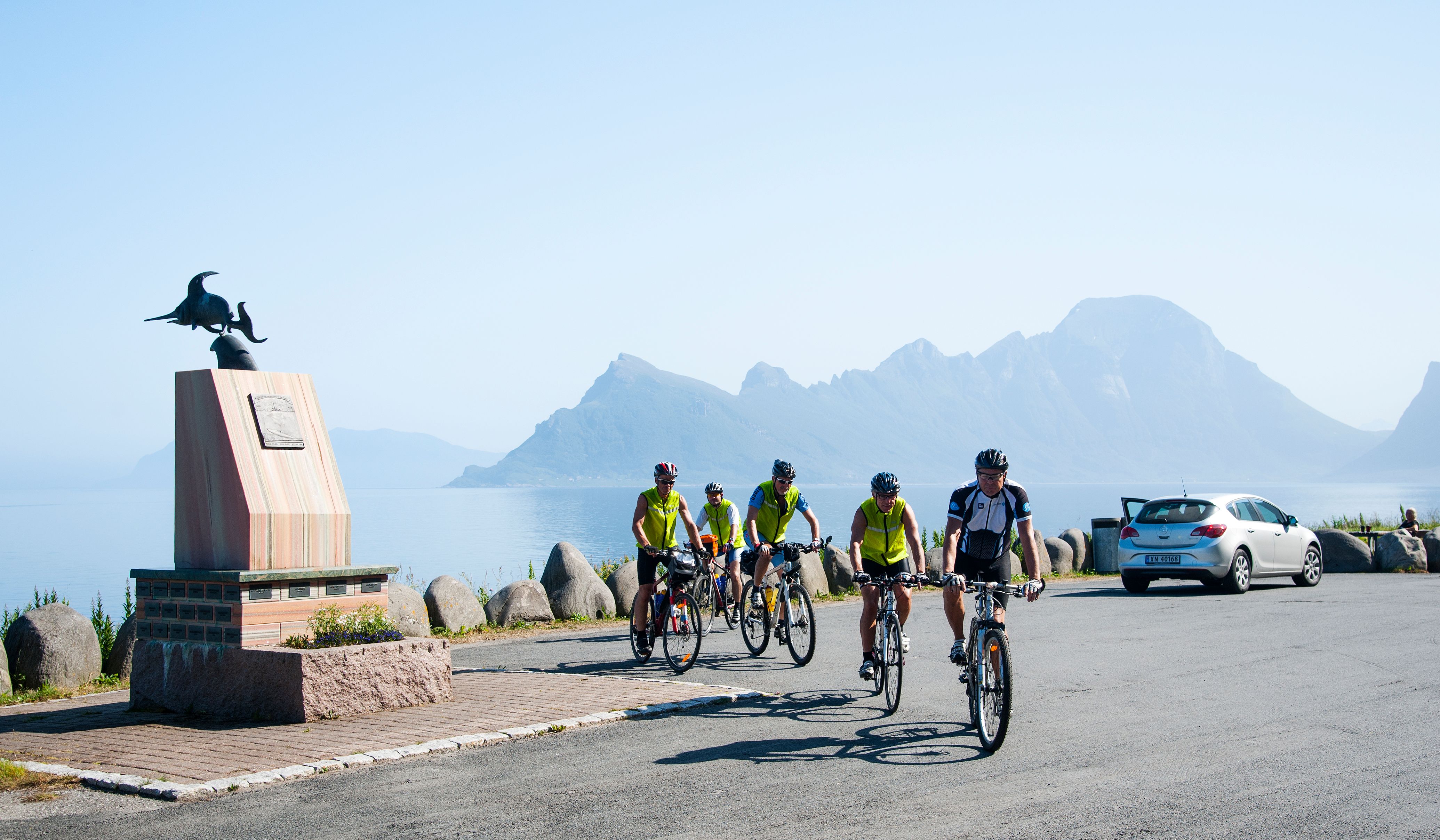 Bike safety: A group of road cyclists on the Helgeland coast in Northern Norway