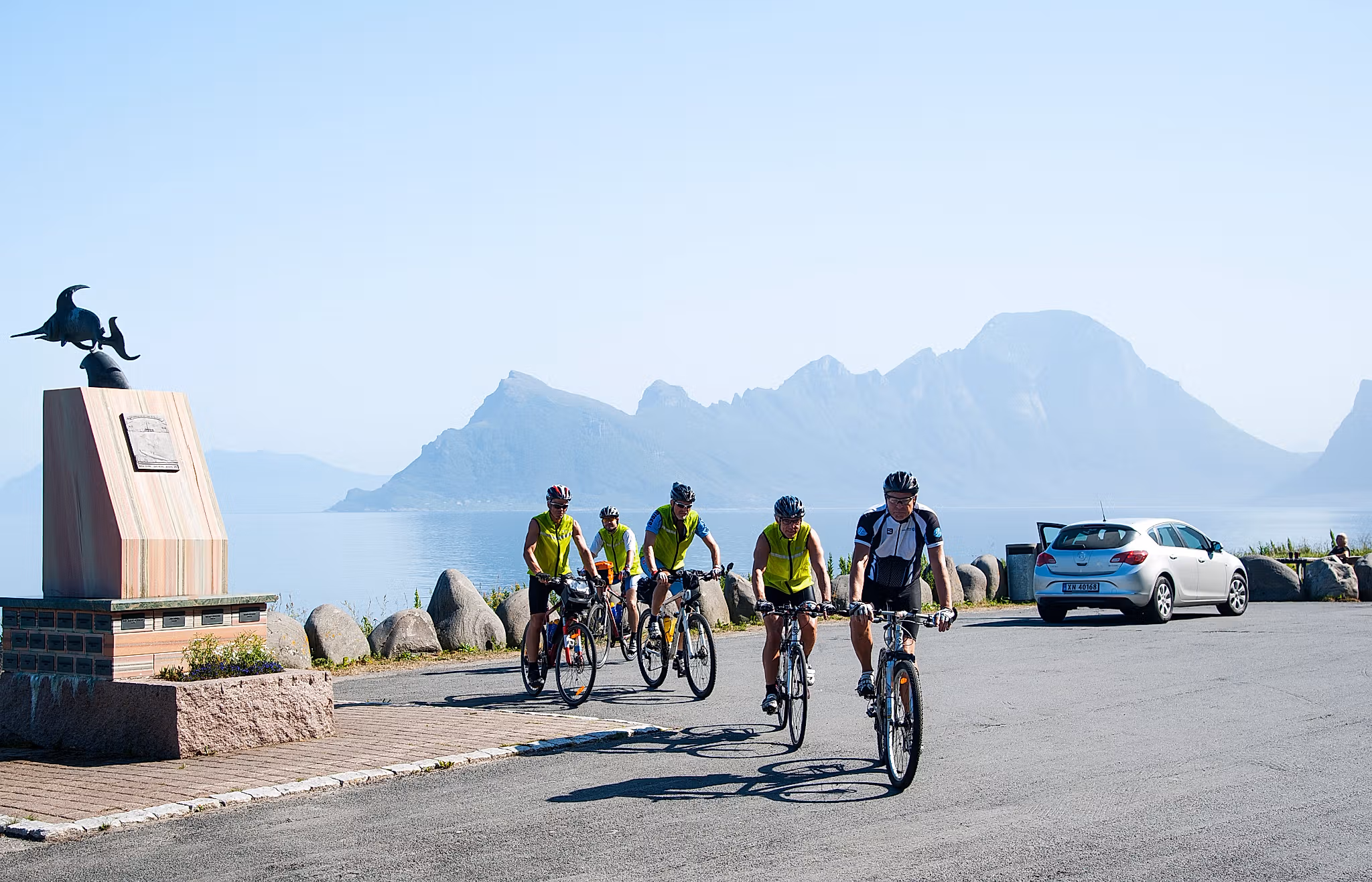 Bike safety: A group of road cyclists on the Helgeland coast in Northern Norway