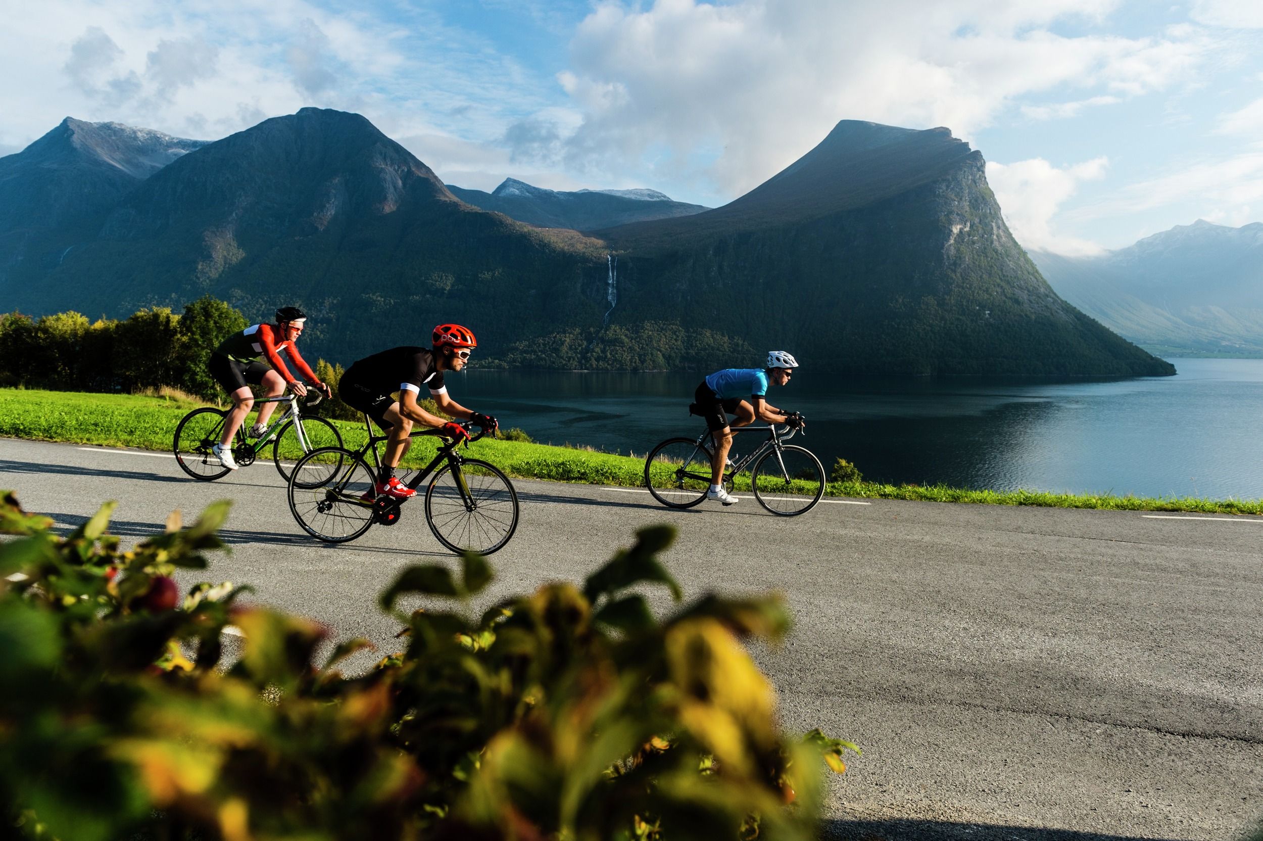 Three people road cycling along Isfjorden in Fjord Norway