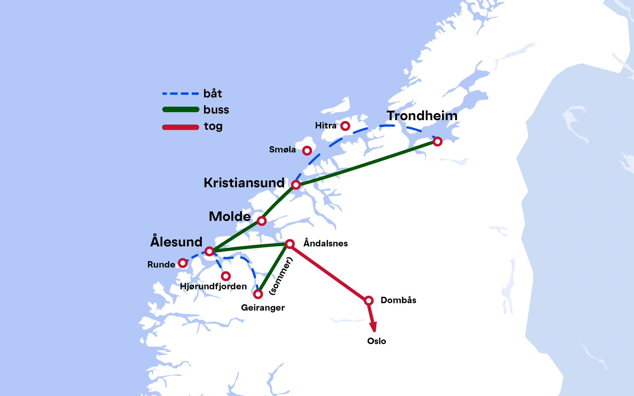 Rutekart: Ålesund - Nordvest - Trondheim