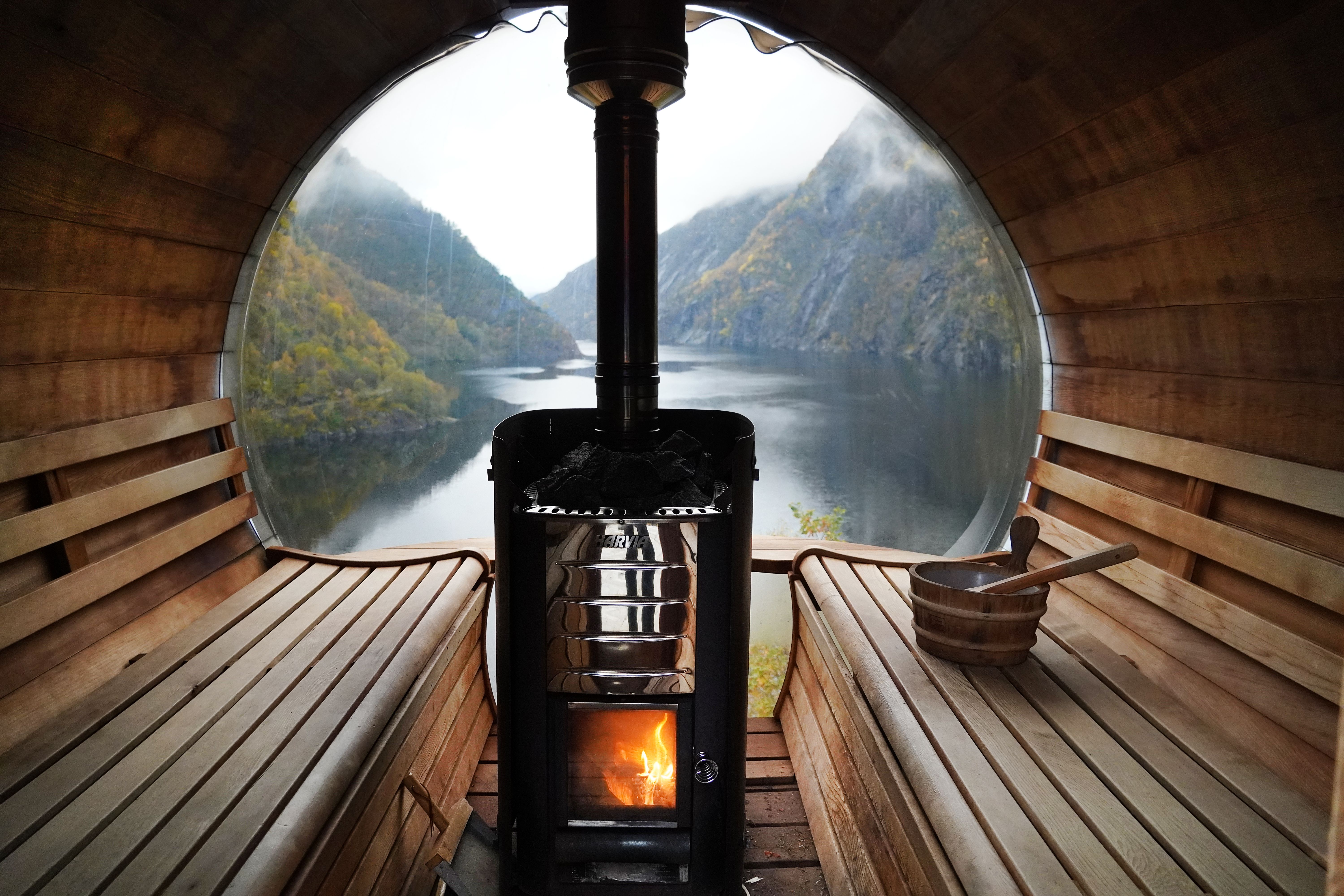 The view from the inside of a fjord sauna.