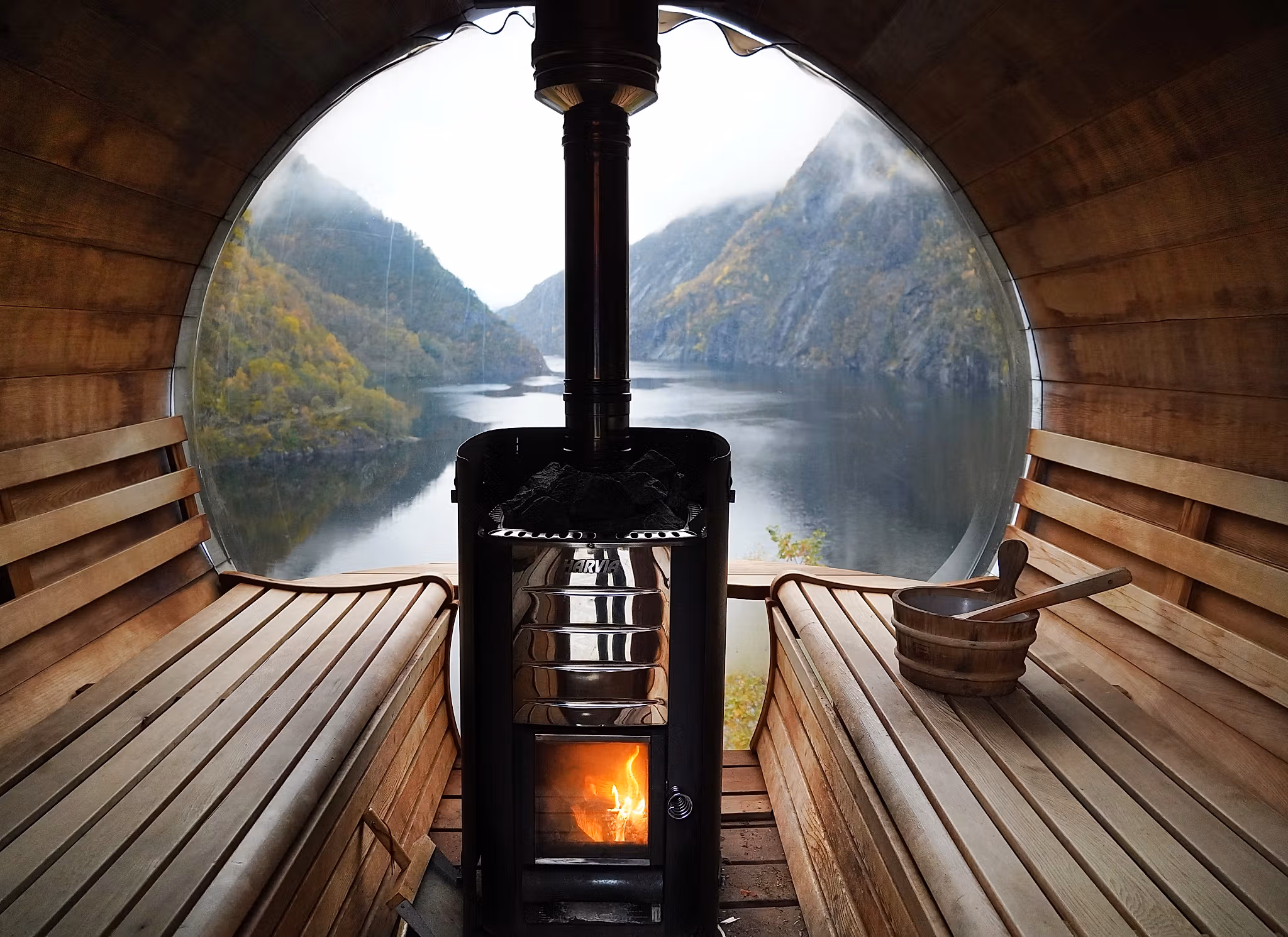The view from the inside of a fjord sauna.