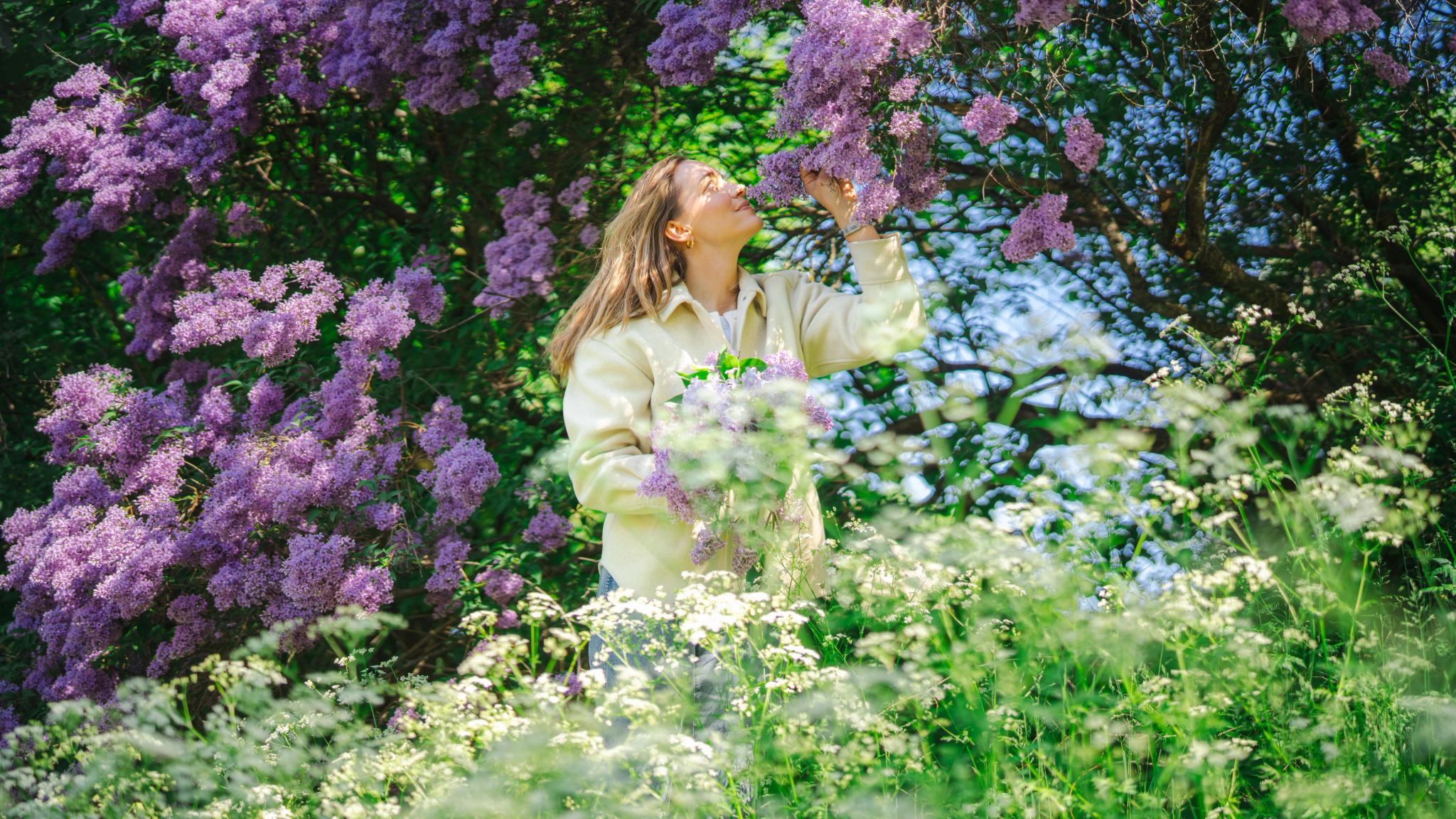 A woman smelling purple flowers.