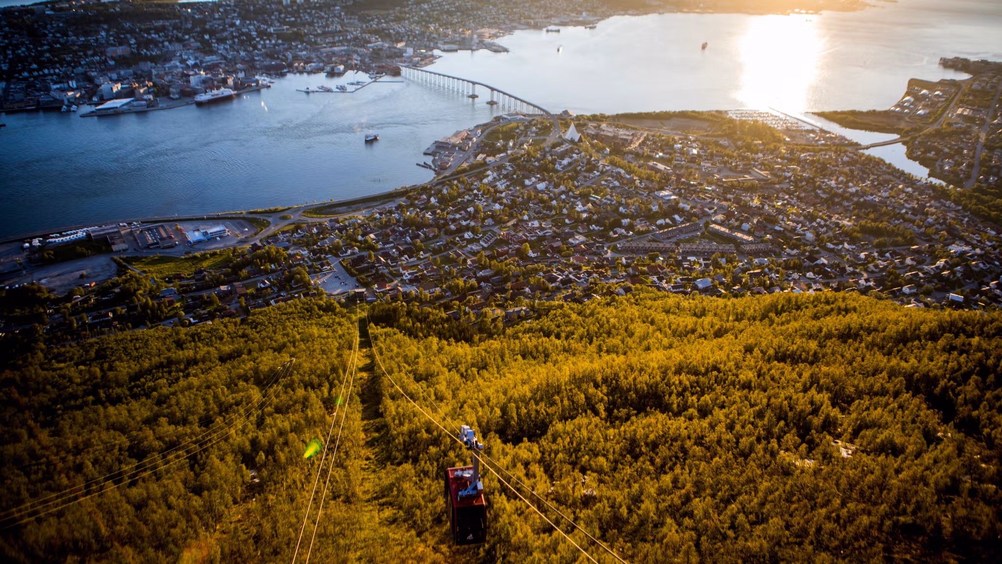 Cable car and view over Tromsø and the fjord