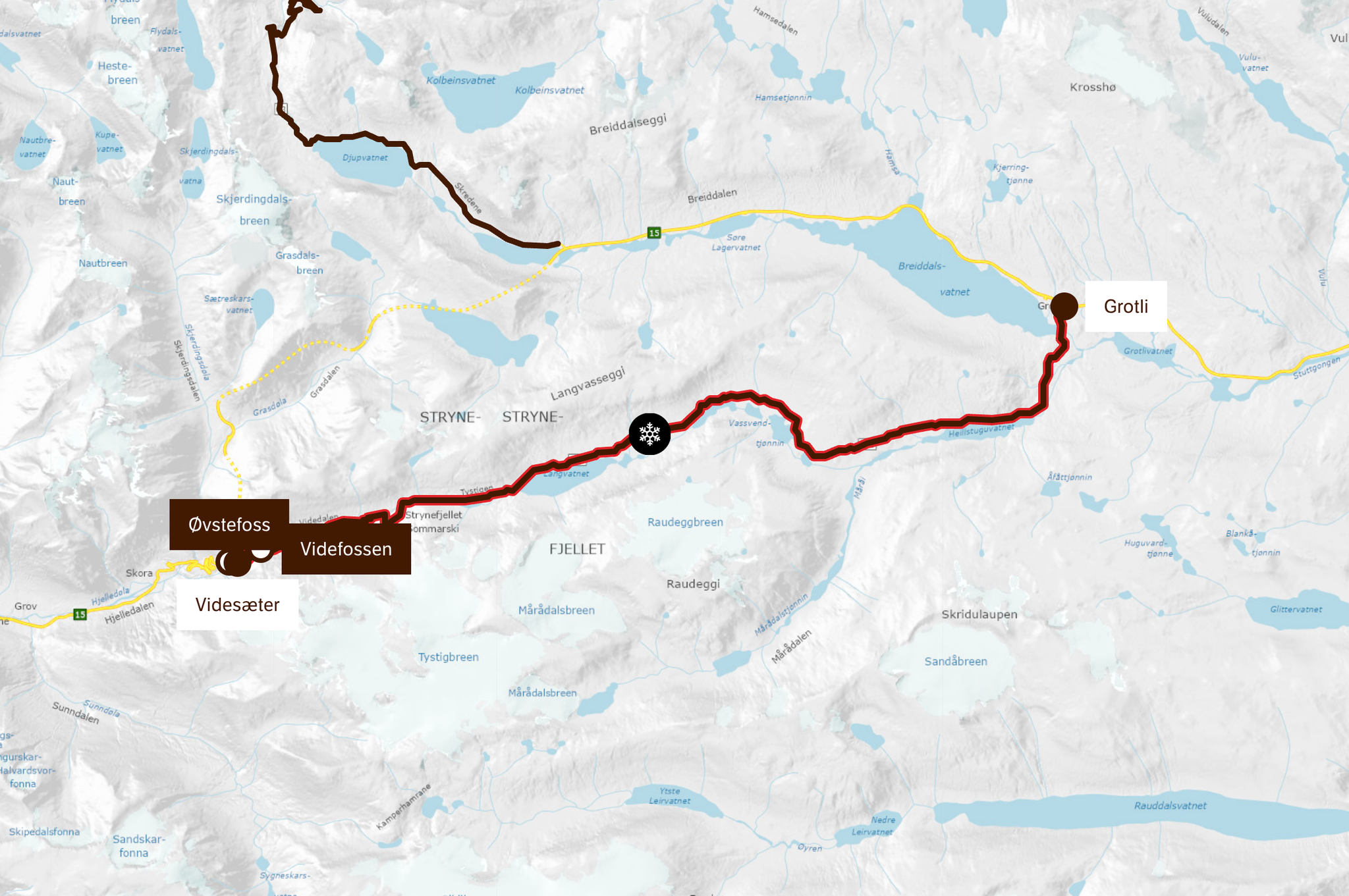 A map of the Gamle Strynefjellsvegen Scenic Route.