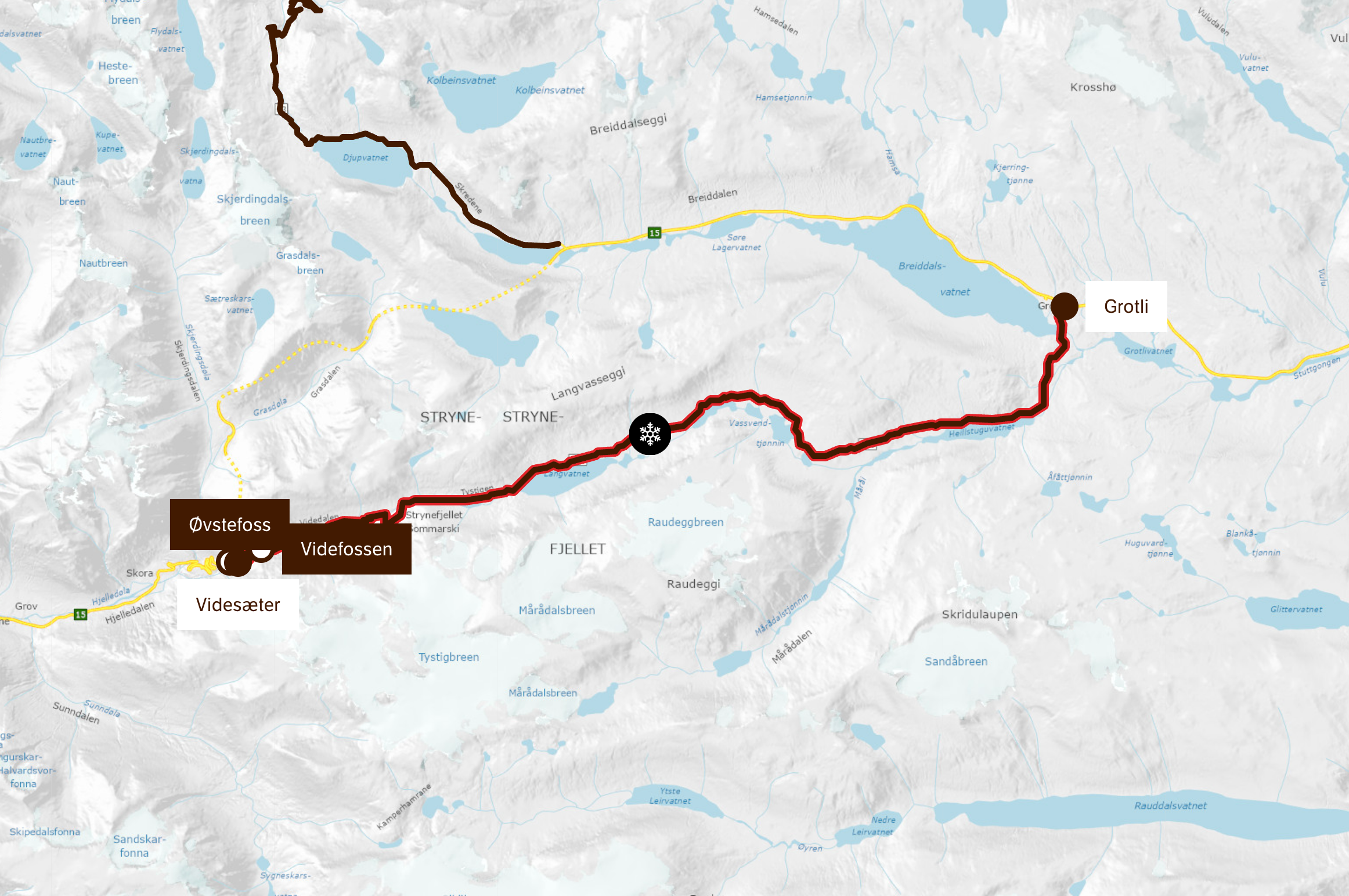 A map of the Gamle Strynefjellsvegen Scenic Route.