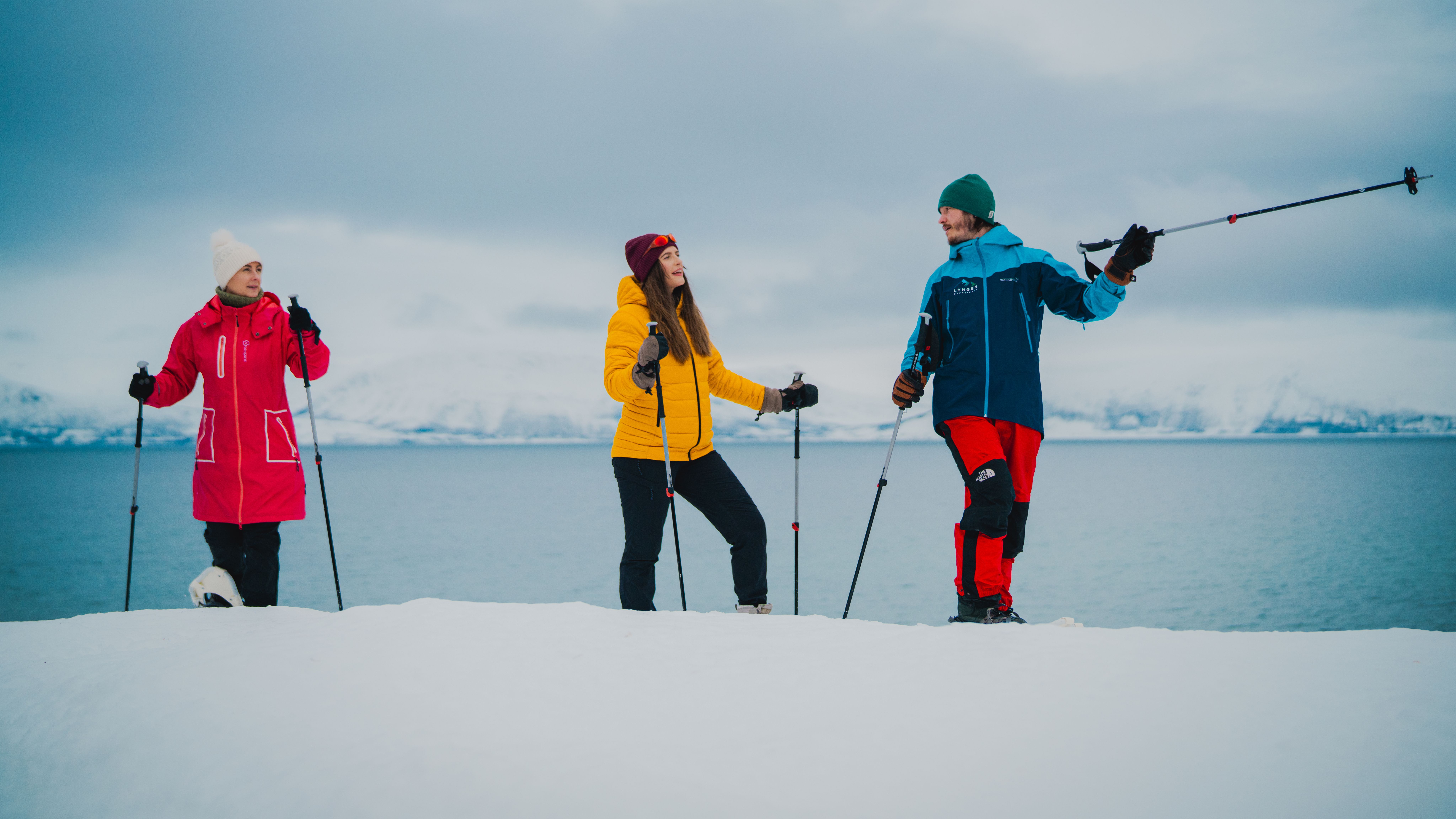 Two people on a guided snowshoeing tour.