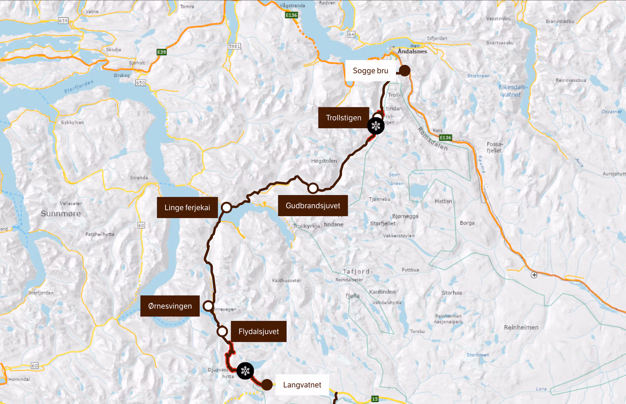 A map of the Geiranger - Trollstigen scenic route.