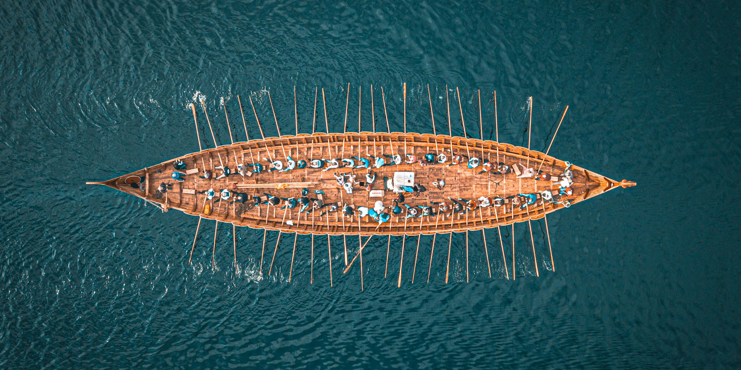 The Myklebust Viking ship in Nordfjord from above.