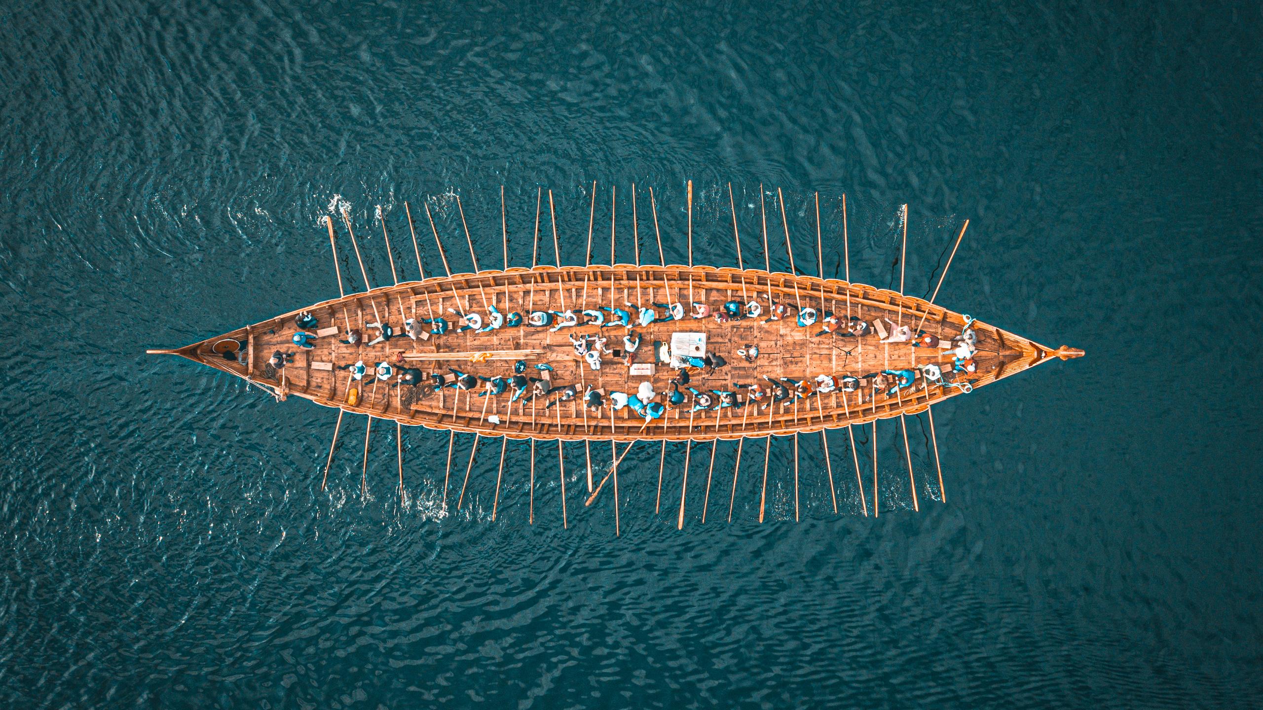The Myklebust Viking ship in Nordfjord from above.